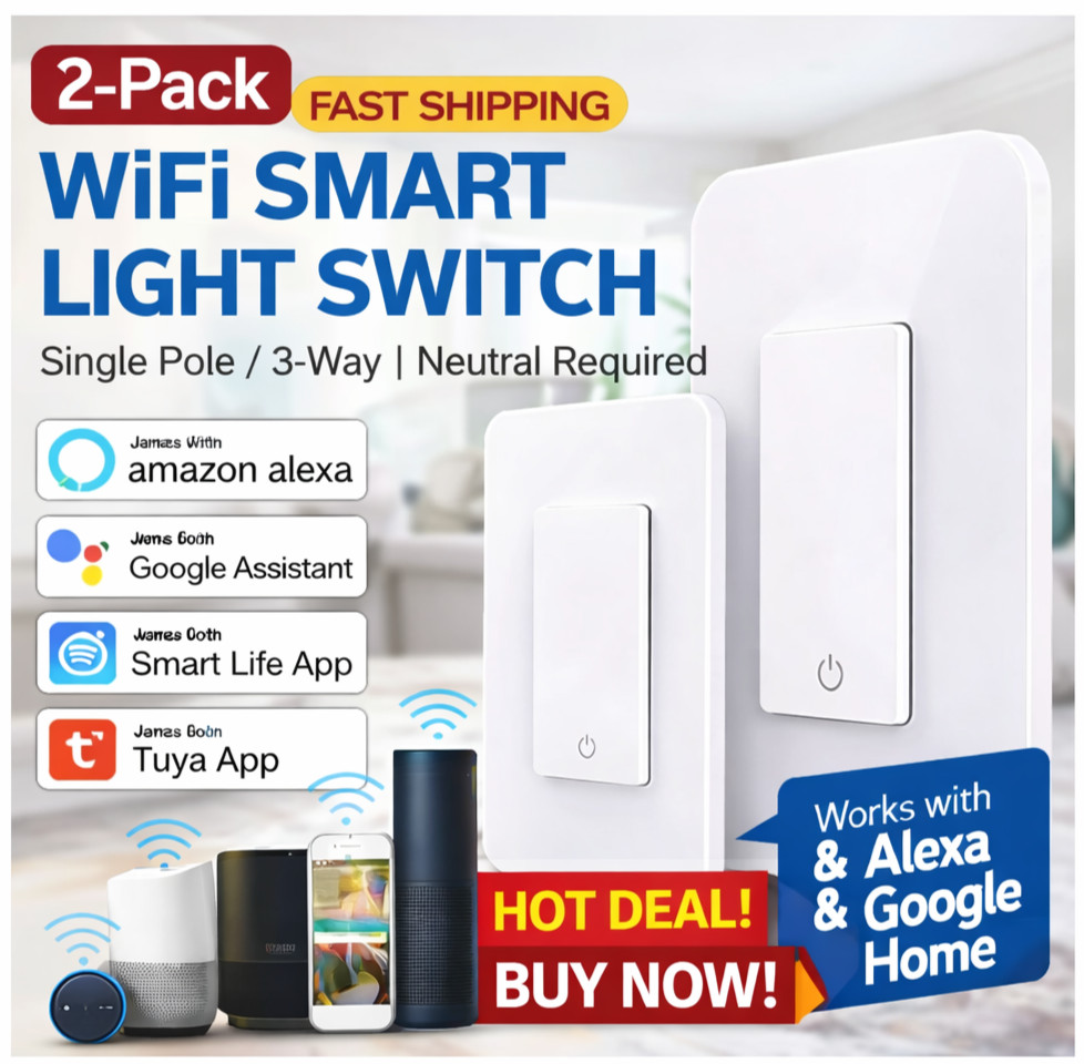 Smart Wall Light Switch 3-Way + Single Pole, 2.4GHz WiFi, Alexa/Google