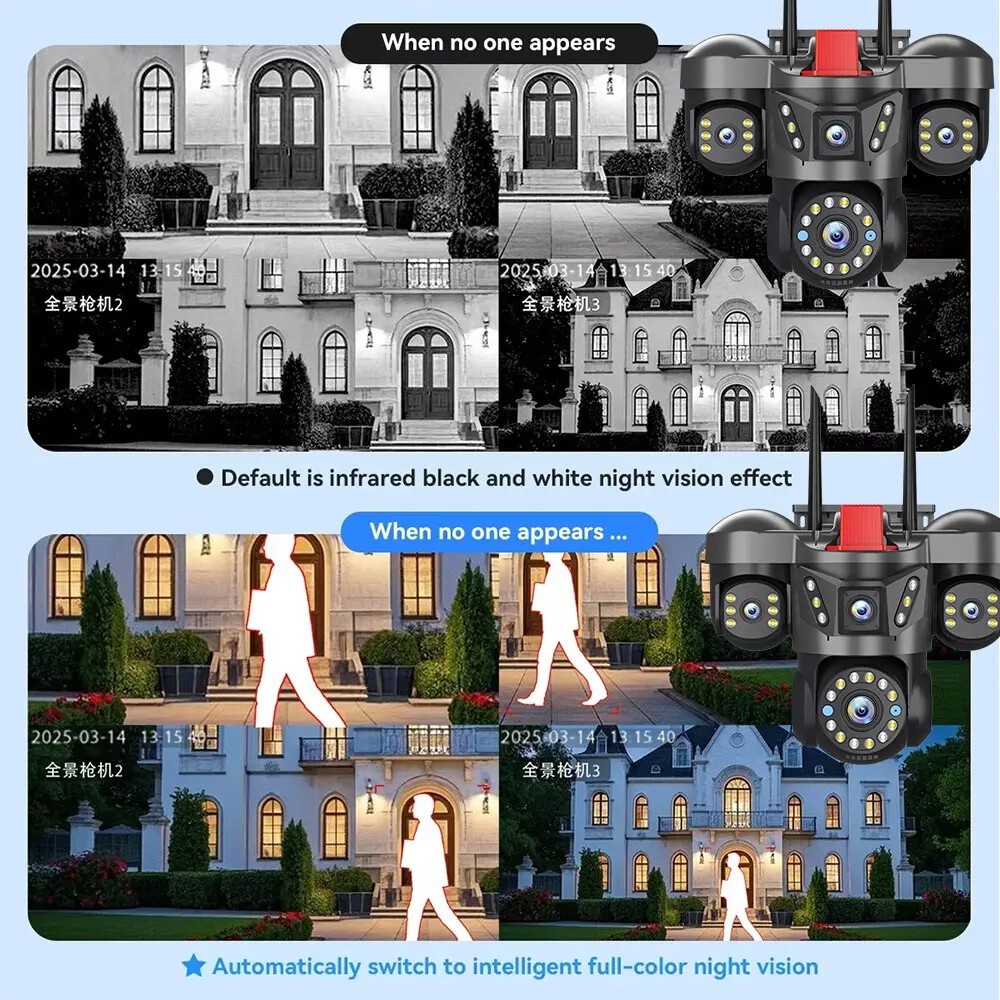 5MP 4 Lens Home Security WiFi Camera Outdoor 10K Wireless 4 Screens 16X Zoom PTZ