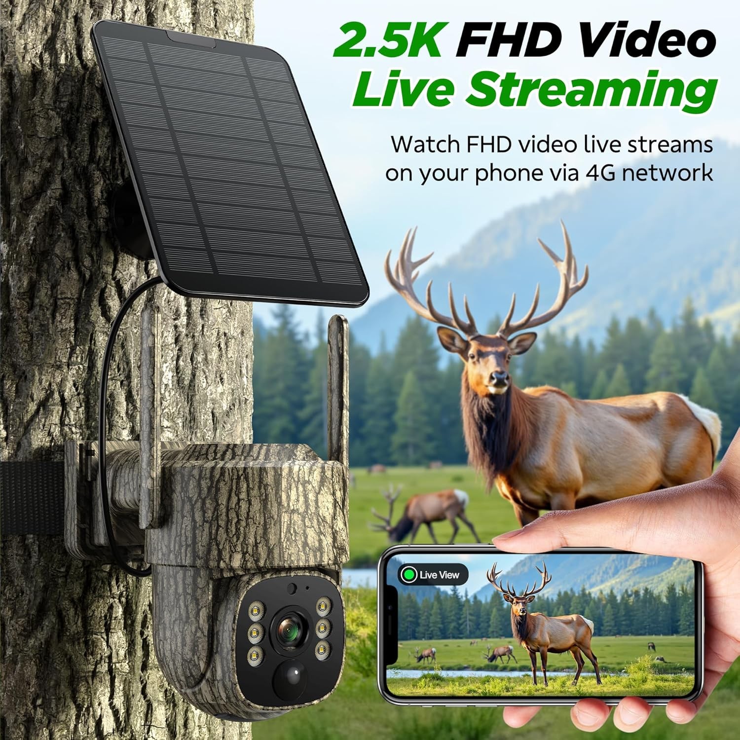4G LTE Security Camera No WiFi with SIM Card 2.5K Smart Solar Powered Wireless