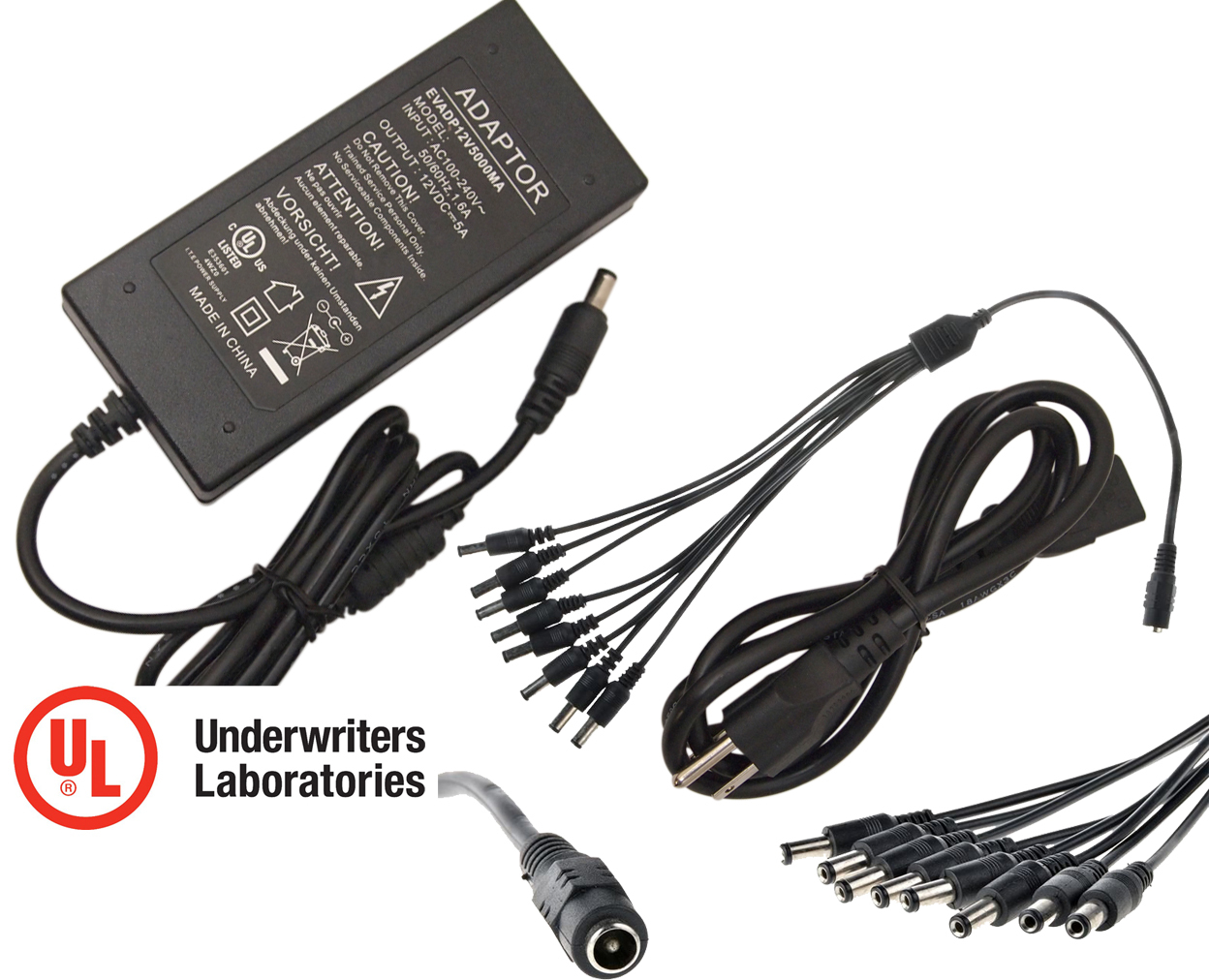 DC 12V 5A Power Supply Adapter with 8 Way Splitter for CCTV Security Camera