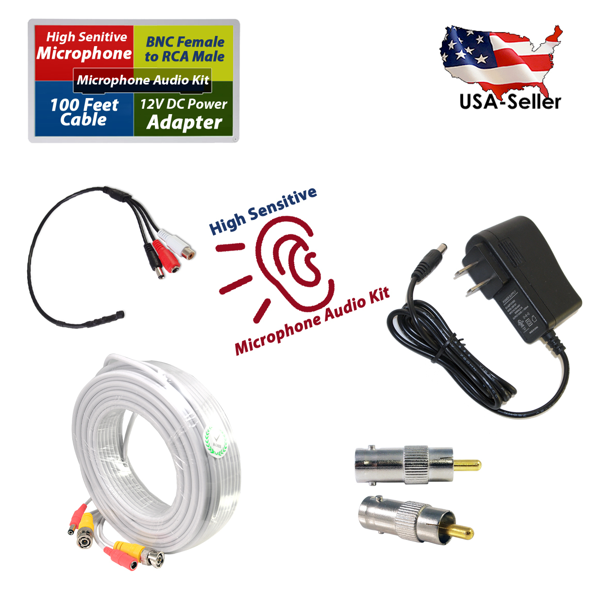 High Sensitive Microphone RCA Audio Mic DC Power Cable For CCTV Security System