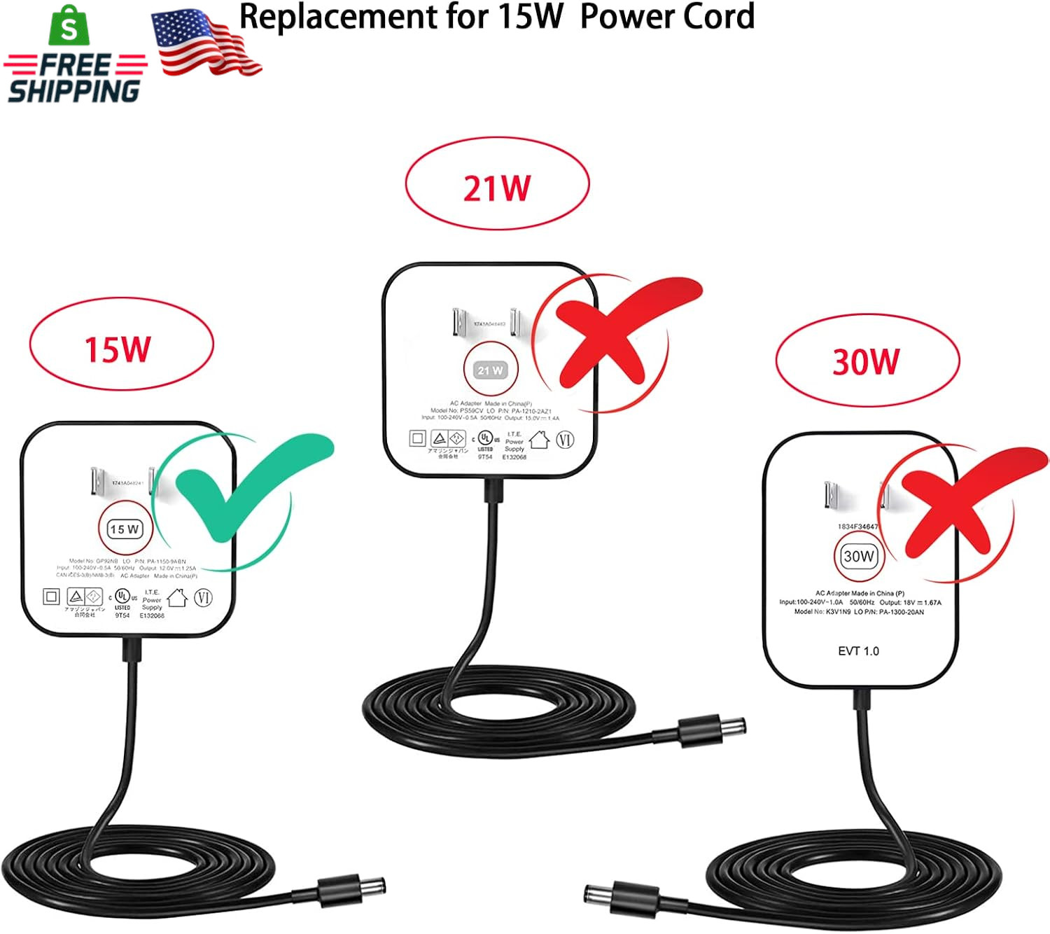 Replacement Power Cord for Alexa Dot & Show 5, 15W Charger Adapter