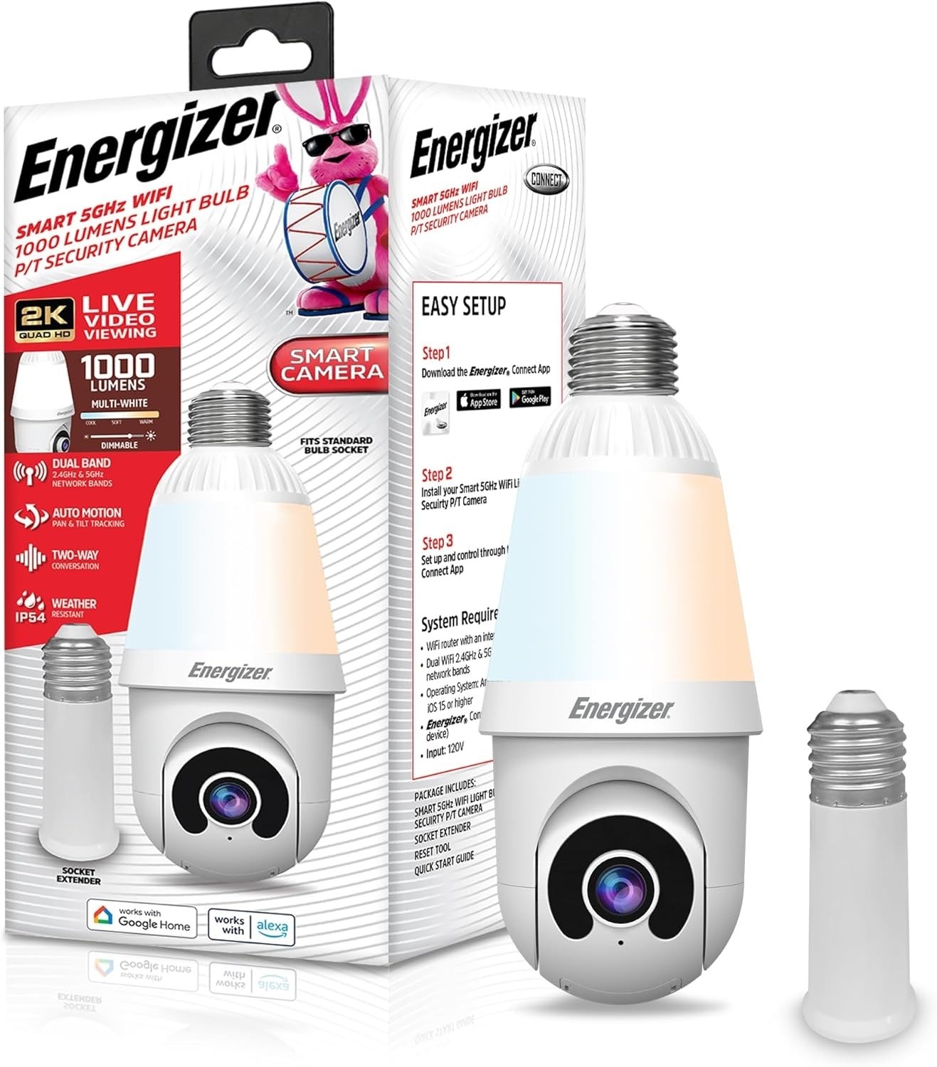 Energizer 1000 Lumens Light Bulb Camera, 2K Outdoor Smart Home Security Camera w