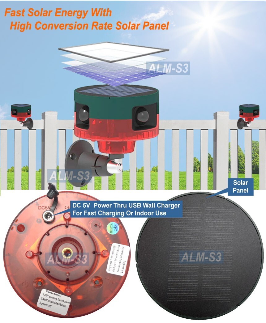 Solar-Powered Motion Activated Alarm Outdoor Indoor Weatherproof Voice Recording