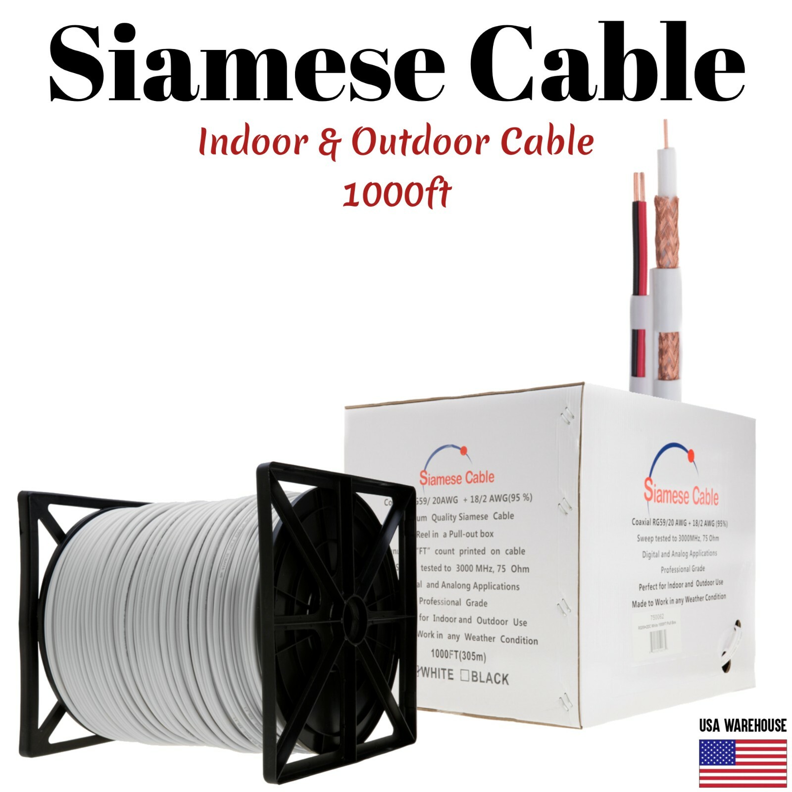 1000ft RG59 Siamese 20AWG Cable Coaxial + 18/2 Security Camera Wire – Bulk White
