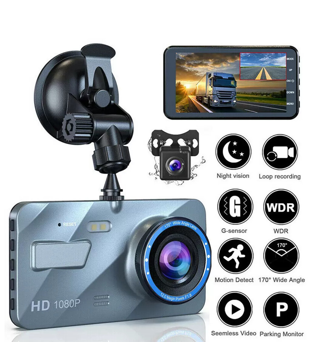 Screen Dash Cam 4″ 1080P Dual Lens Car DVR Recorder Front and Rear Camera