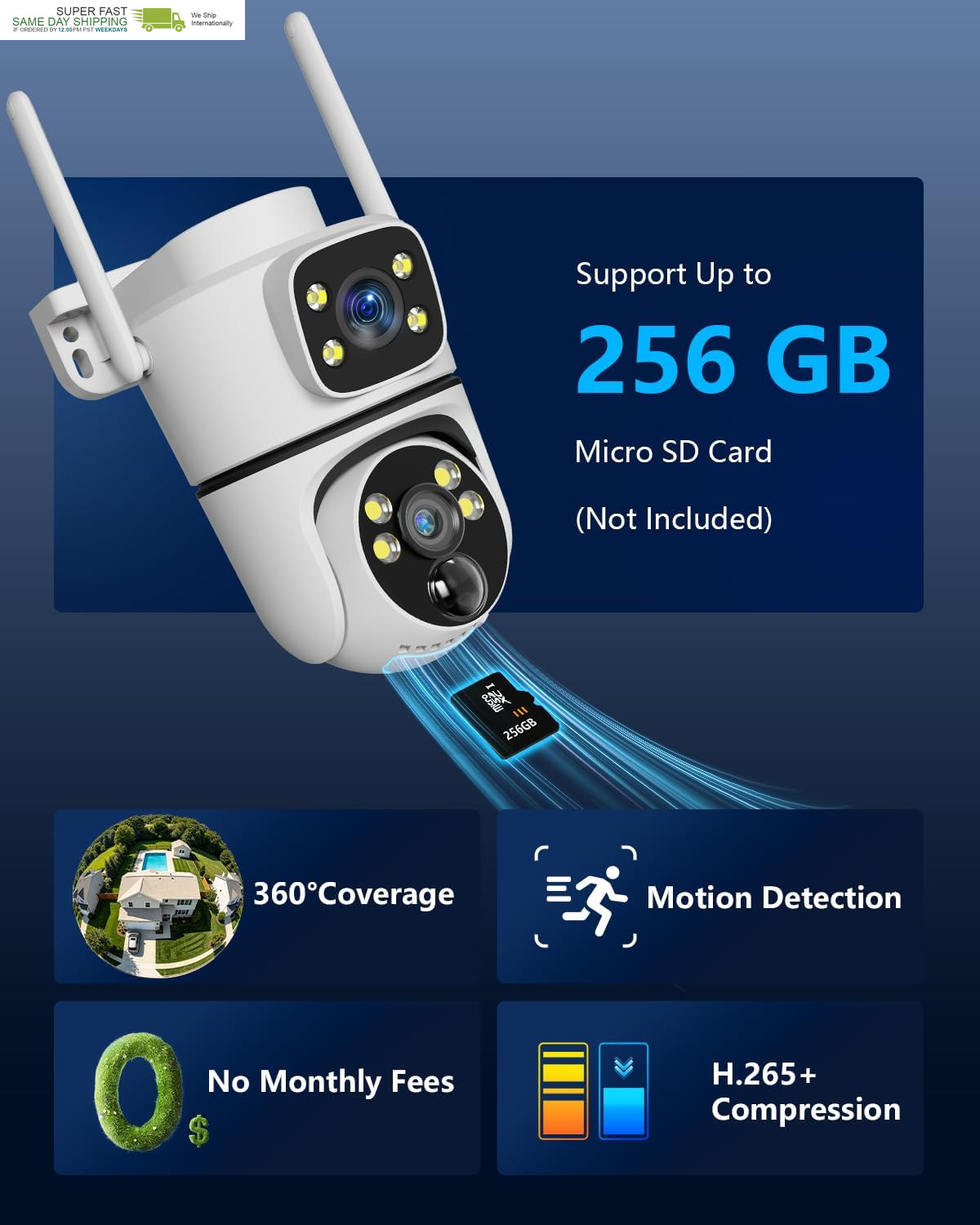 130° Wide View, AI Human Detection, 2.4/5.8Ghz Dual-Band Wifi, Solar Powered, Fr