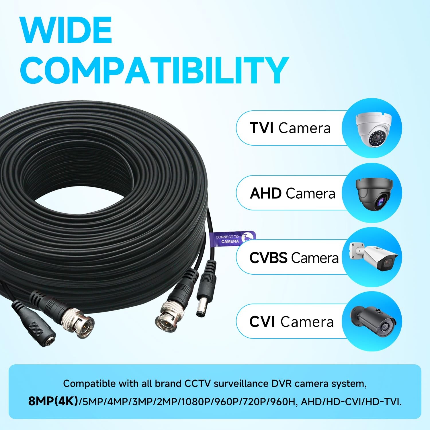 300Ft (91 Meters) 4K 8MP 5MP 2MP 1080P BNC Video and Power Cable, Mini RG59 W…