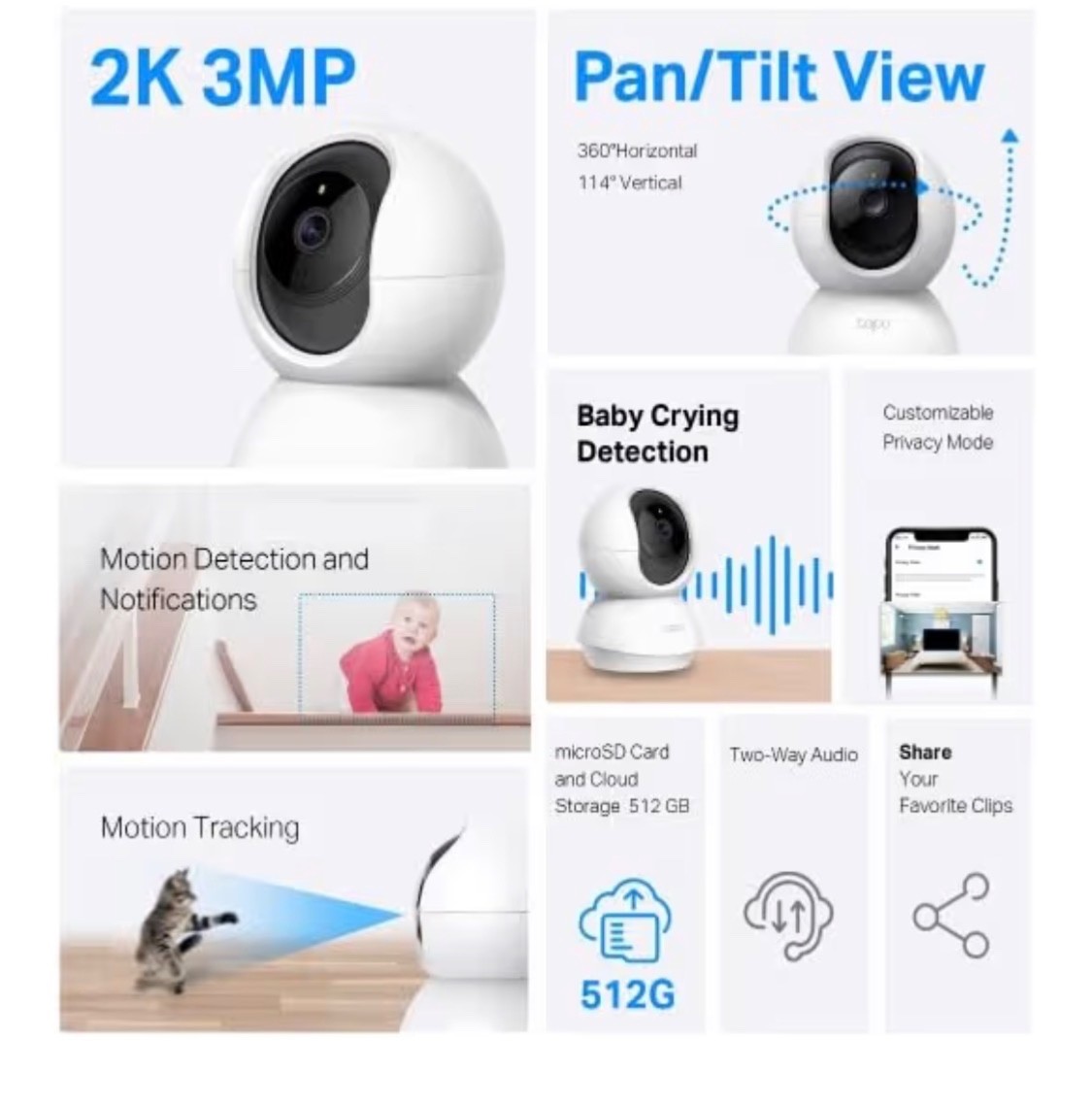 2K Pan/Tilt Security Camera for Baby Monitor, Dog Camera w/Motion Detection