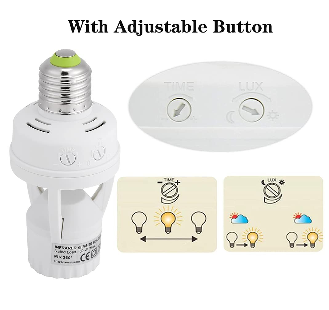 PIR Motion Sensor Light Socket E27 Bulb Holder, 360° Detection for Home Use