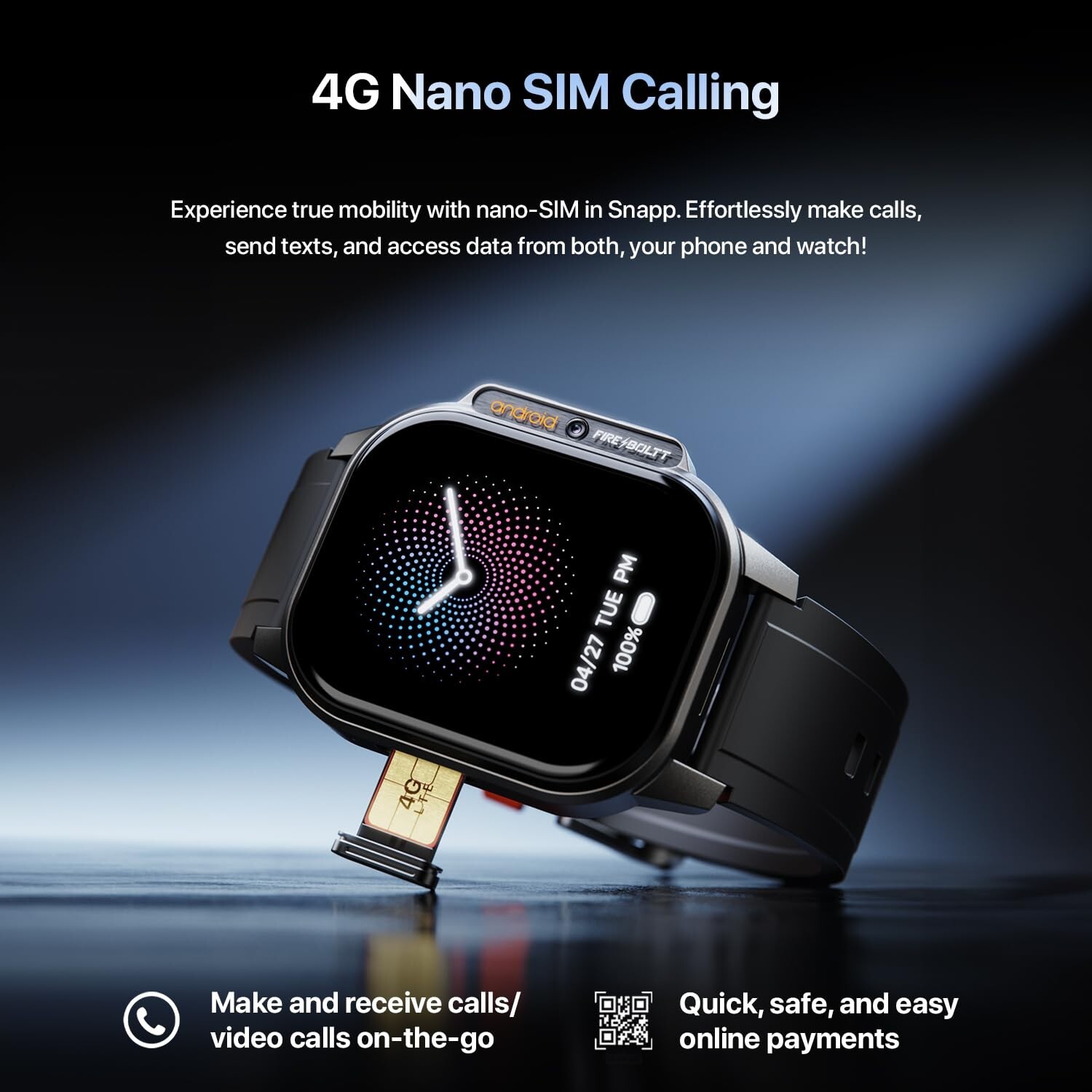 Fire-Boltt Clickk 54.1mm Smart Watch, Selfie Camera, 4G Nano-SIM 2GB/16GB 1000mA