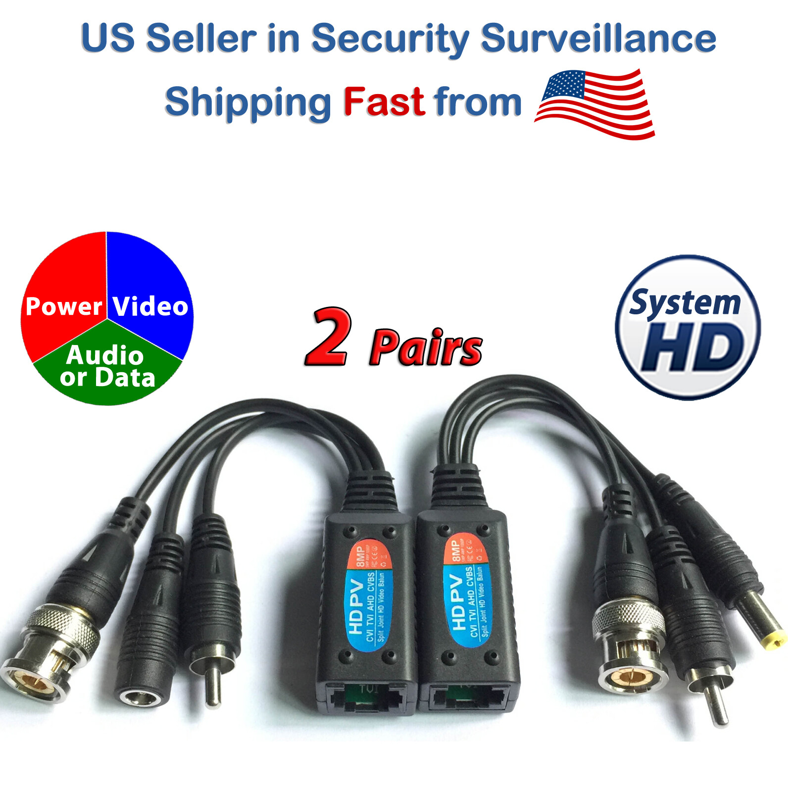8MP HD-CVI/TVI/AHD/CVBS Passive Video Audio Power Balun Data Transmitter via UTP