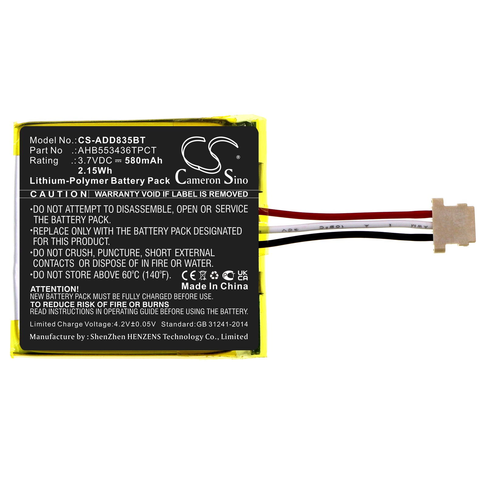 Battery for ADT DBC835 DBC835-V2 Wireless HD Doorbell Camera AHB553436TPCT