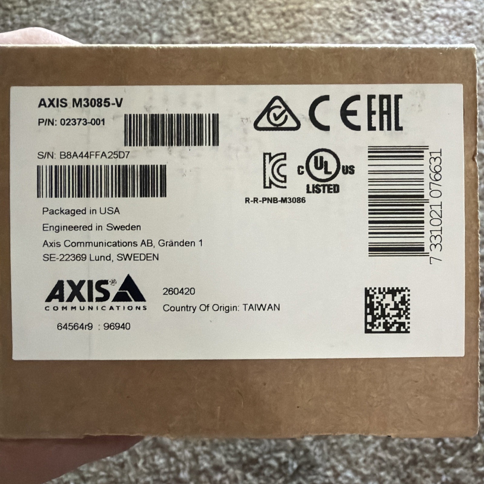 NEW SEALED Axis M3085-V 2MP Indoor Network Mini Dome IP Security Camera, 3.1mm