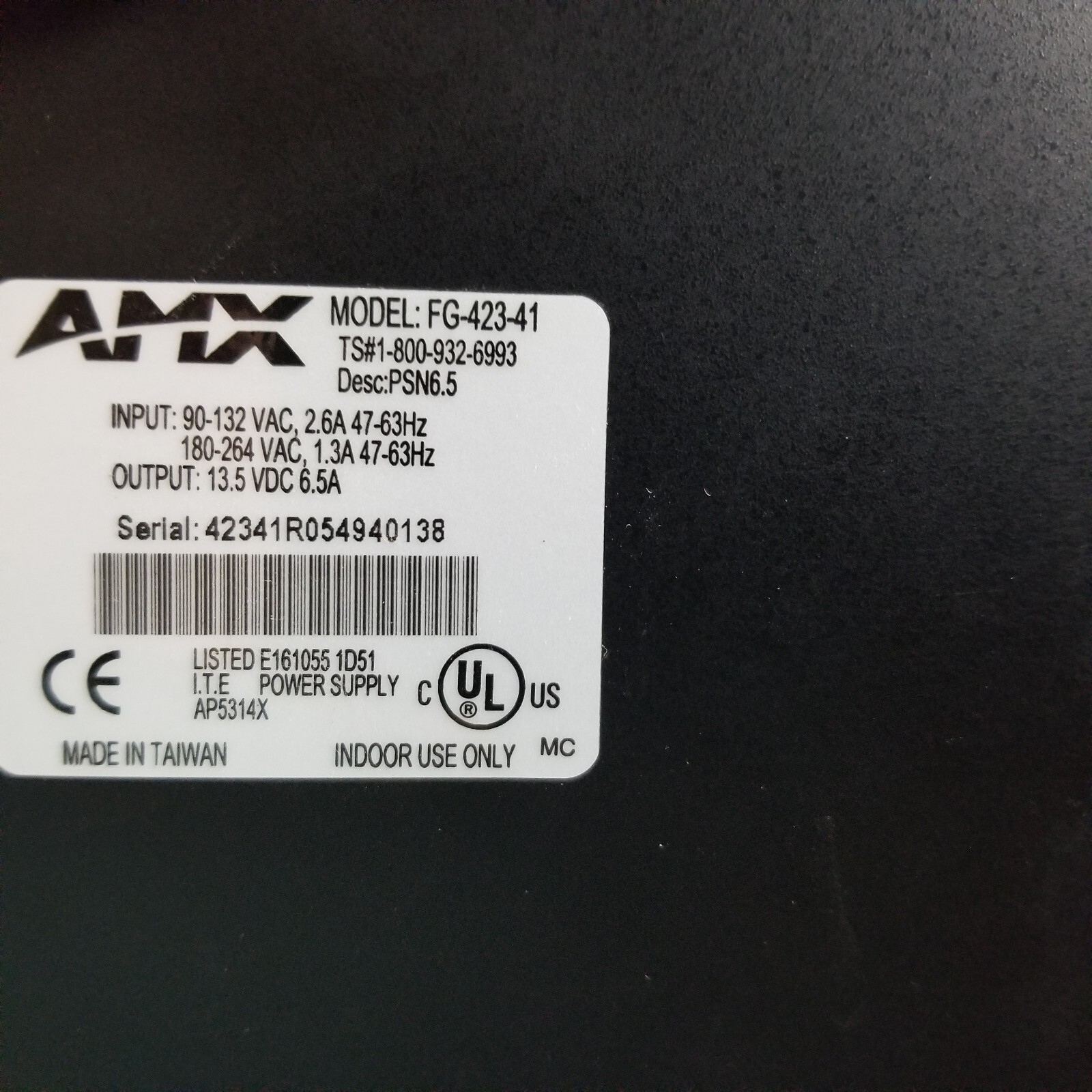 AMX PSN6.5 Modero/ViewPoint/Netlinx AC Power Supply FG423-41 13.5 VDC 6.5A