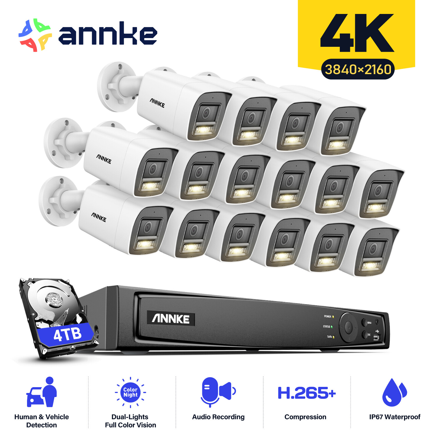 ANNKE 12MP 16CH NVR 4K Audio PoE Security IP Camera System Outdoor Color Night