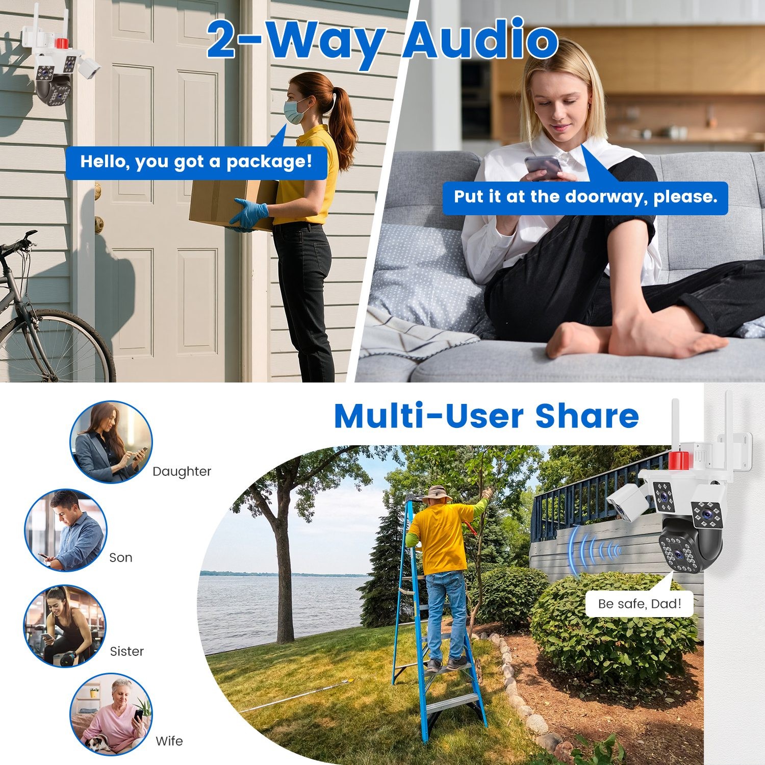 4-Lens Security Camera 360° View WiFi Pan&Tilt Color Night Vision Remote