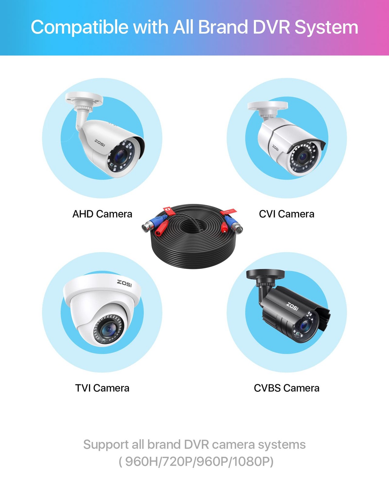 4 Pack 100ft 30 Meters 2-in-1 Video Power Cable BNC Extension Surveillance