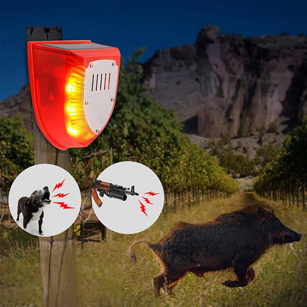 Solar Outdoor Motion Sensor Alarm-129db Dog Barking & Gunshot Sound USB Charge