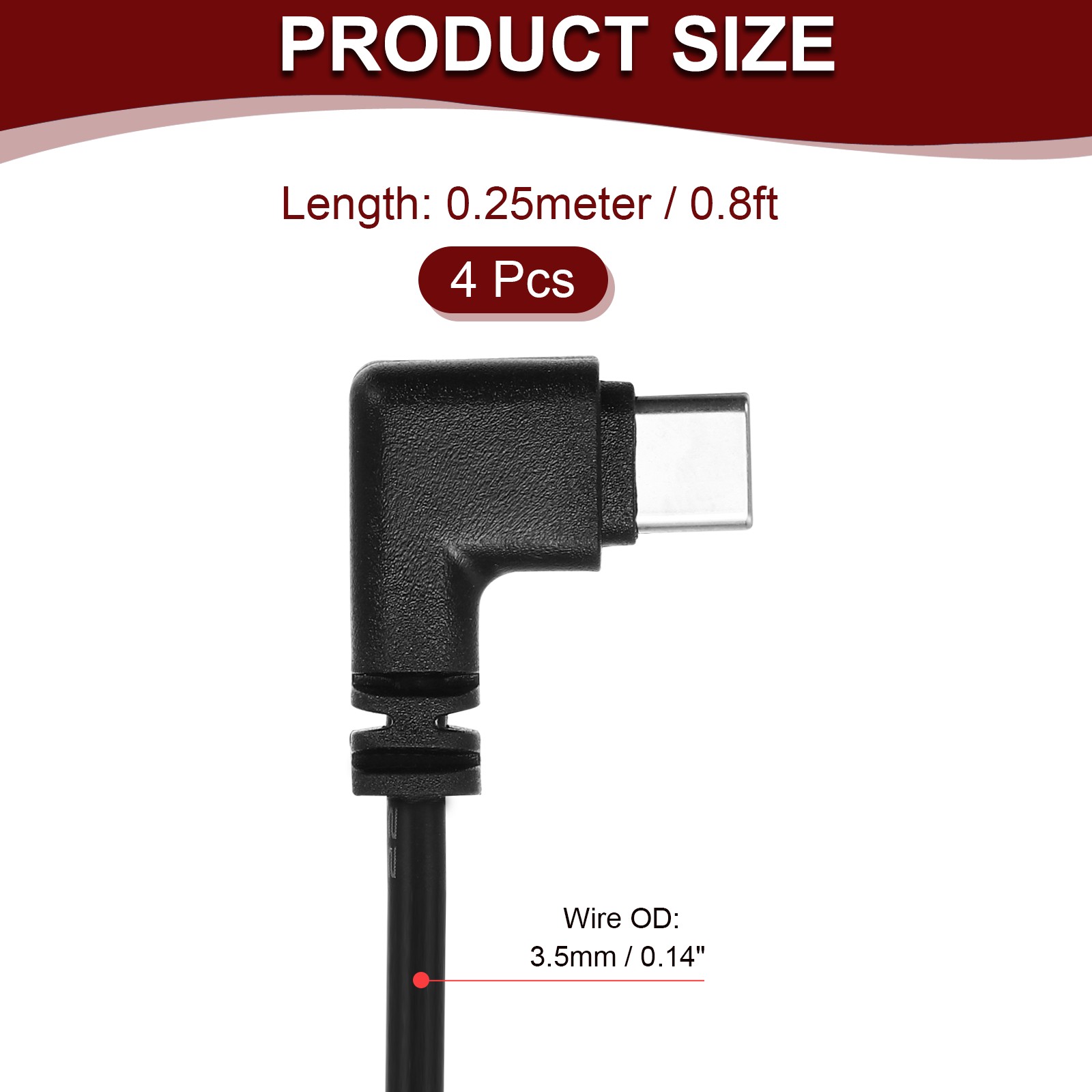 0.25M/0.8Ft Right Angle Type C Male Plug Wire Cable, 28AWG 12V 3A 4 Pin 4 Pcs
