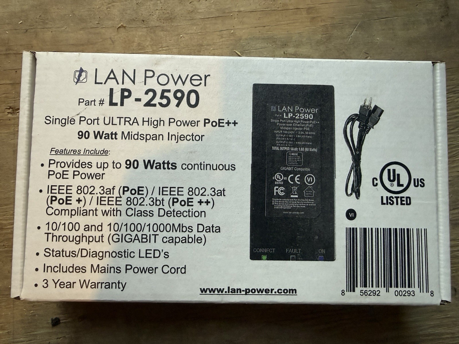 LAN-Power LP-2590 1 Port Ultra High Power PoE++ Injector IEEE 802.3bt-90 W