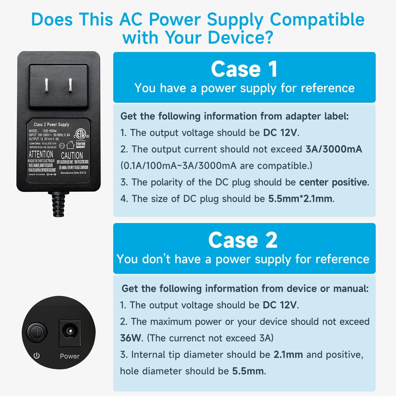 12V 3A Power Supply Adapter, 3000mA 36W AC DC Switching Adapter, 12V 500mA 1A…