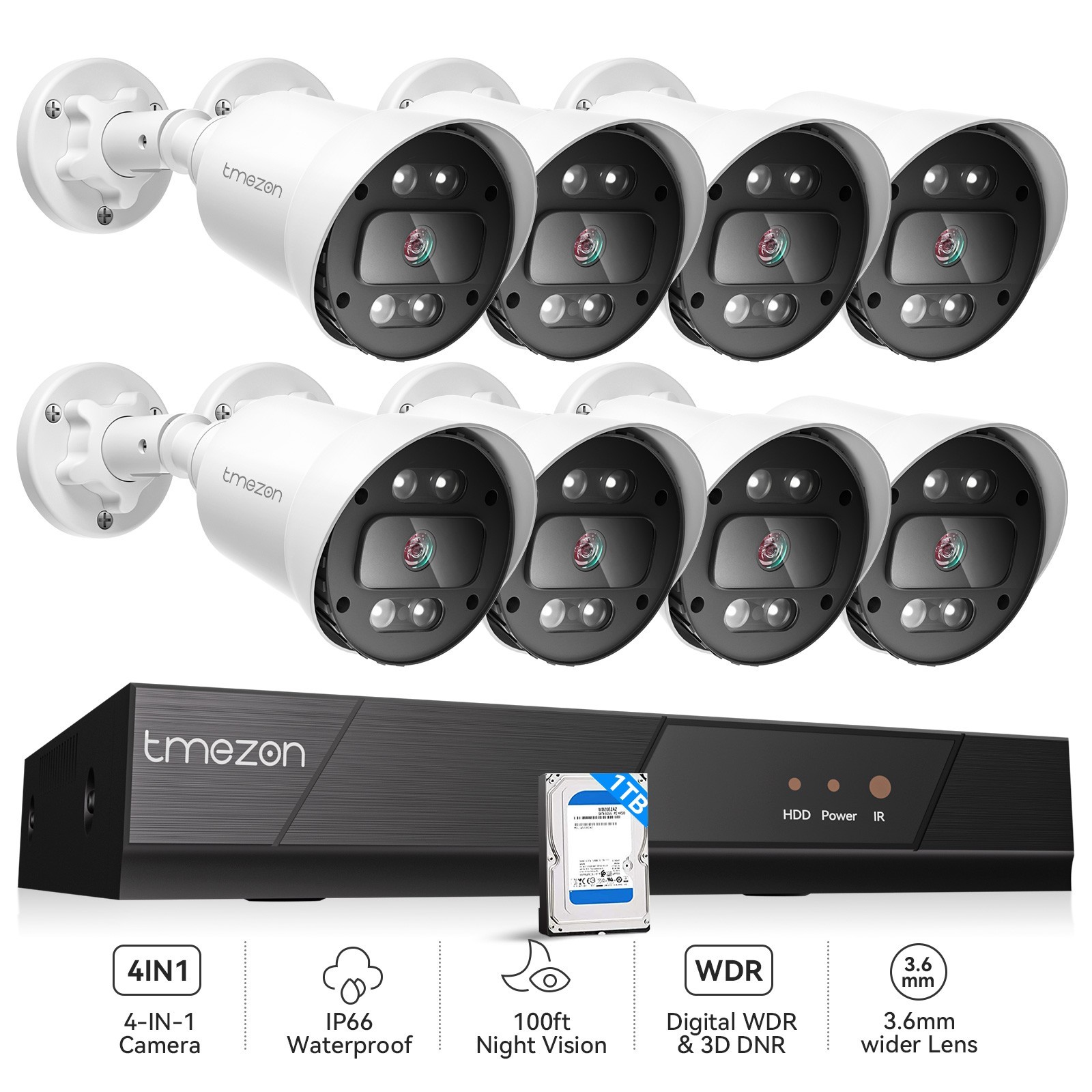 TMEZON 8CH 5MP DVR Security Camera System Kit Home Outdoor Color Night Vision