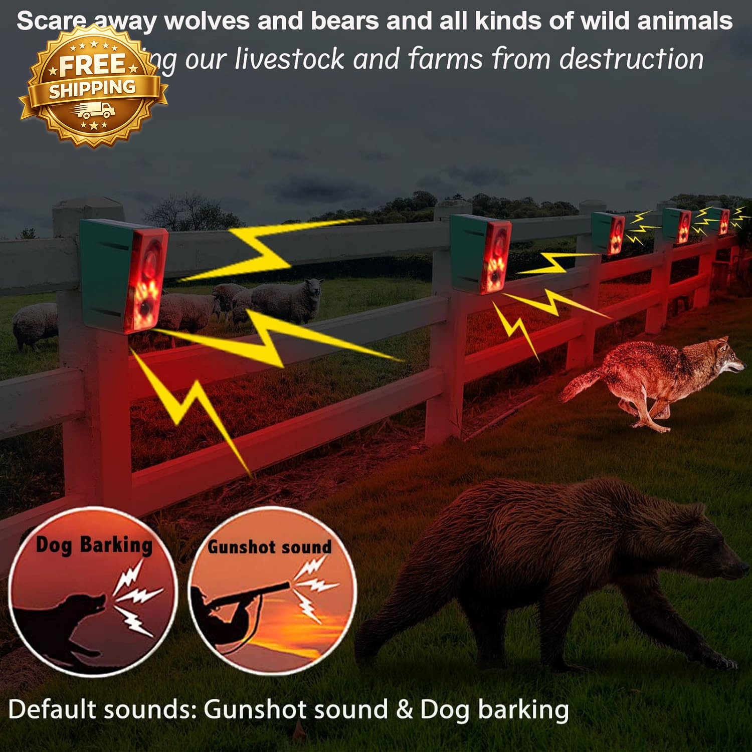 Solar Outdoor Motion Sensor Alarm Dog Barking & Gunshot Sound 130Db Motion Detec