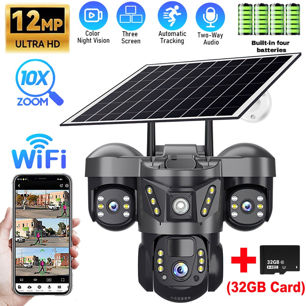 3 Lens 12MP Solar Battery Home Security Camera Outdoor Wifi Wireless PTZ CCTV US