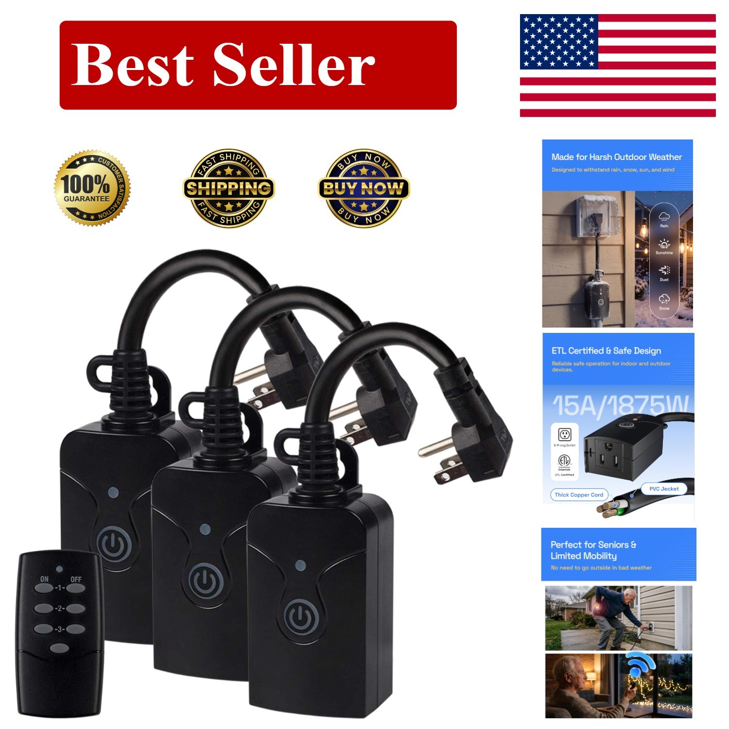 Compact Heavy Duty Wireless Remote Control Outlet – Ergonomic, 3-Prong Design