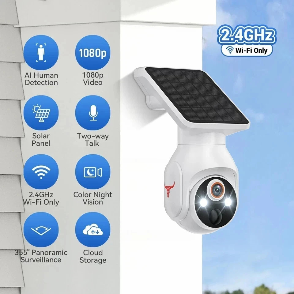 Solar Panel Powered Security Camera 1080p WiFi Camera with Night Vision Motion
