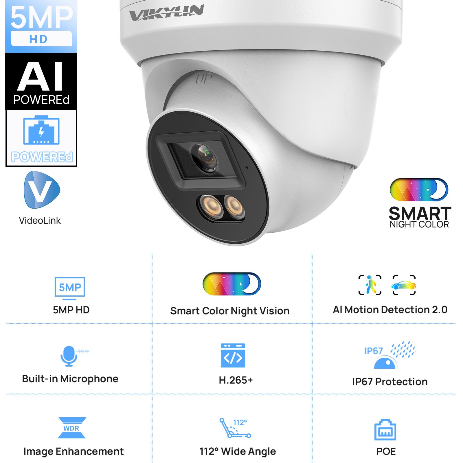 NEW VIKYLIN 24H Full Color Light POE 5MP Mini IP Camera Microphone Onvif Outdoor