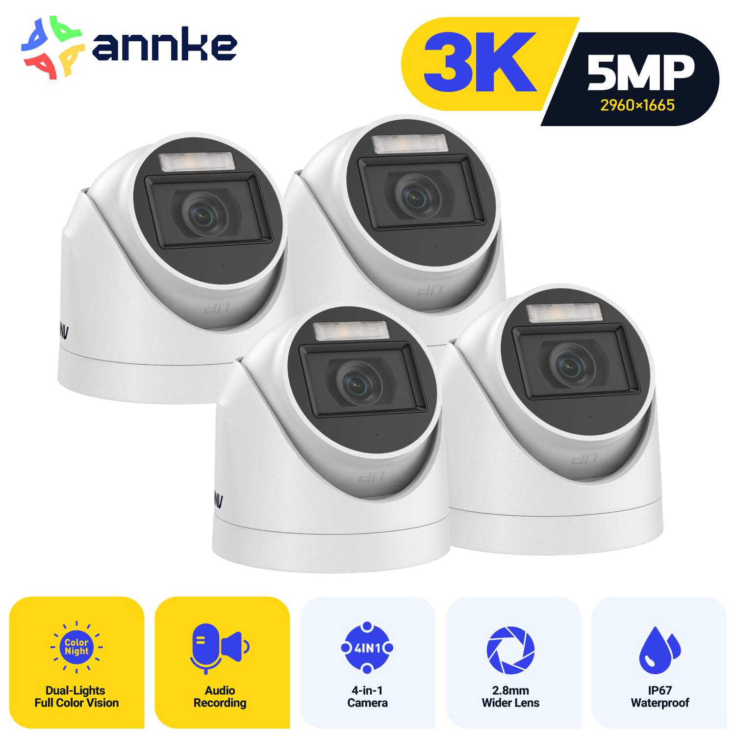 ANNKE 4X 5MP Dome Ultra HD Secuirty Camera In/Outdoor Color Night Vision IP67