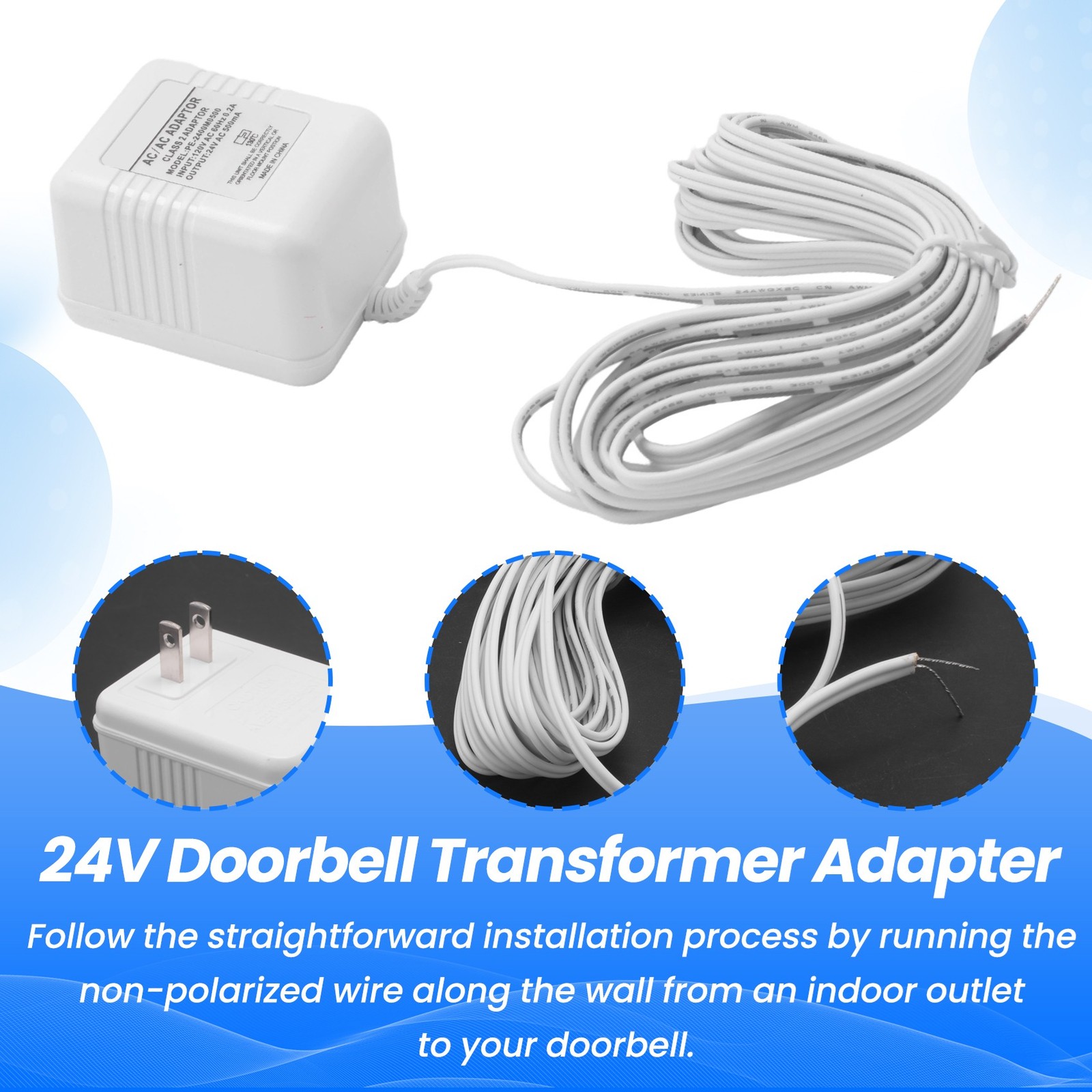 Doorbell Transformer 24V Adapter for Video Doorbell, 16.4ft Long C Wire 2699