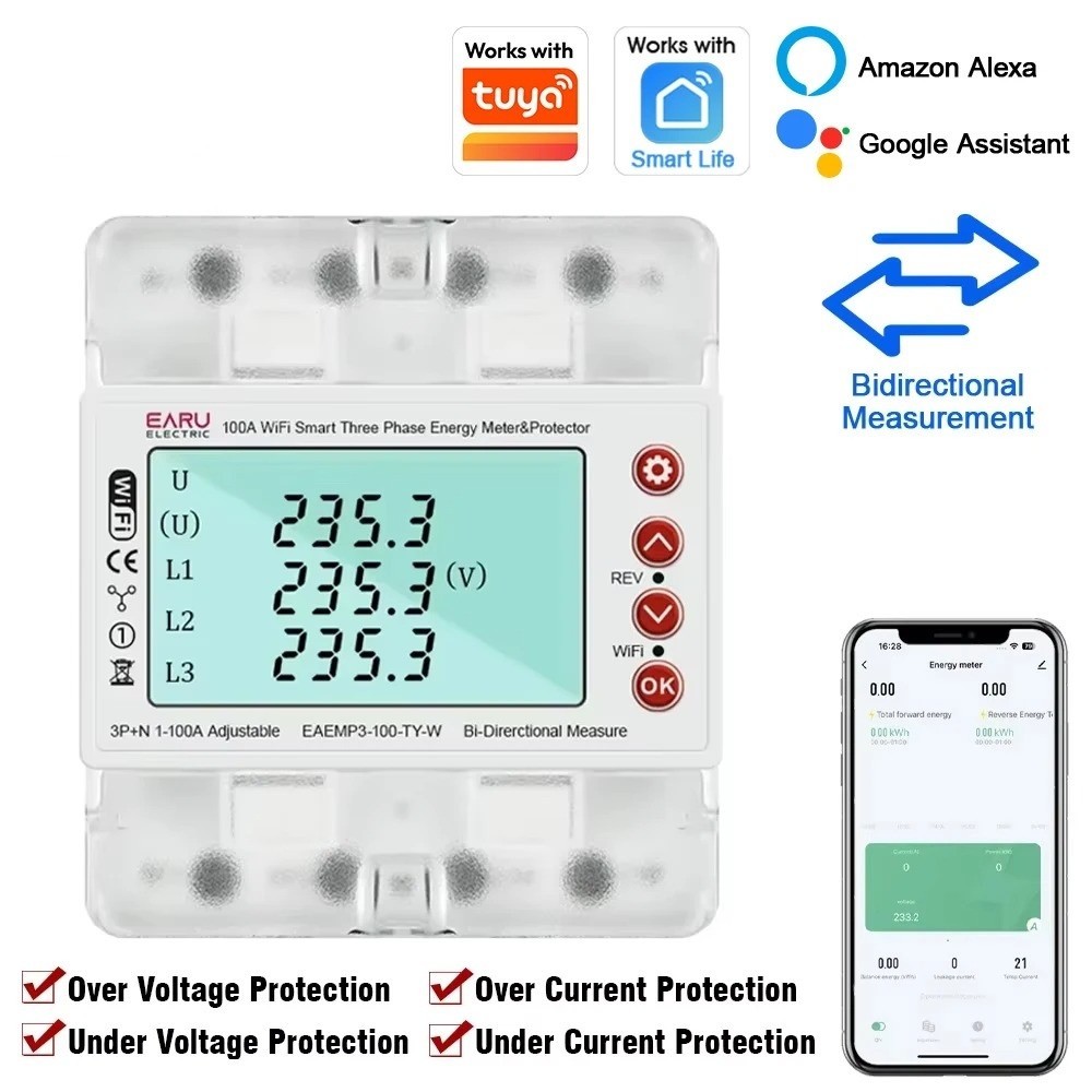 WiFi Energy kWh Meter Three Phase 380V Voltage Protector Relay Switch Monitor