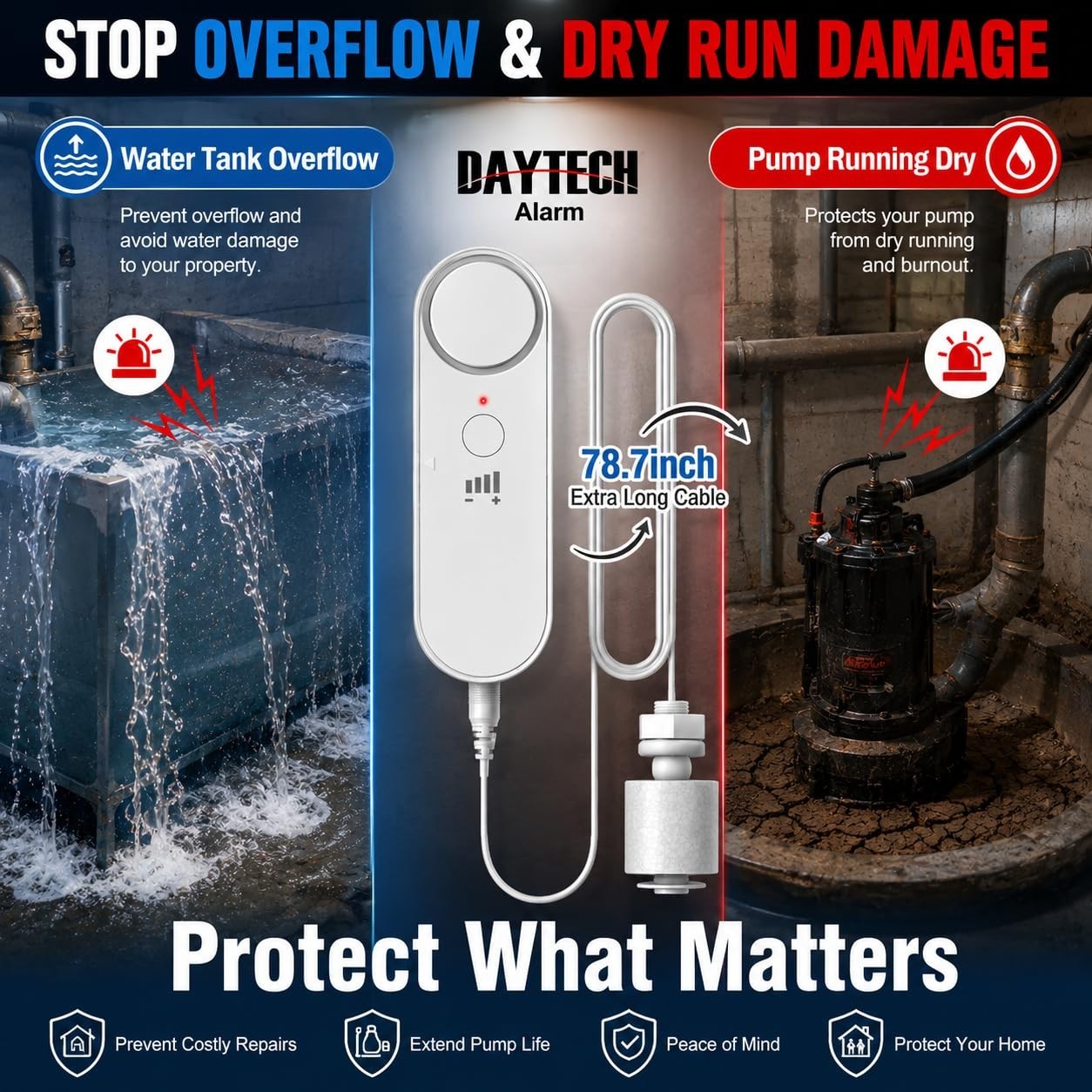 High/Low Water Level Sensor Alarm 100dB for Sump Pump, 78″ Cable, Battery Operat