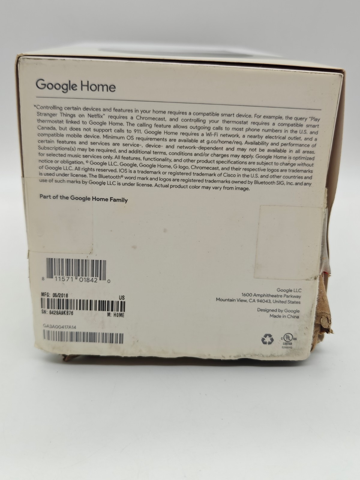 Google Home Smart Assistant Speaker GA3A00417A14 White/Slate New
