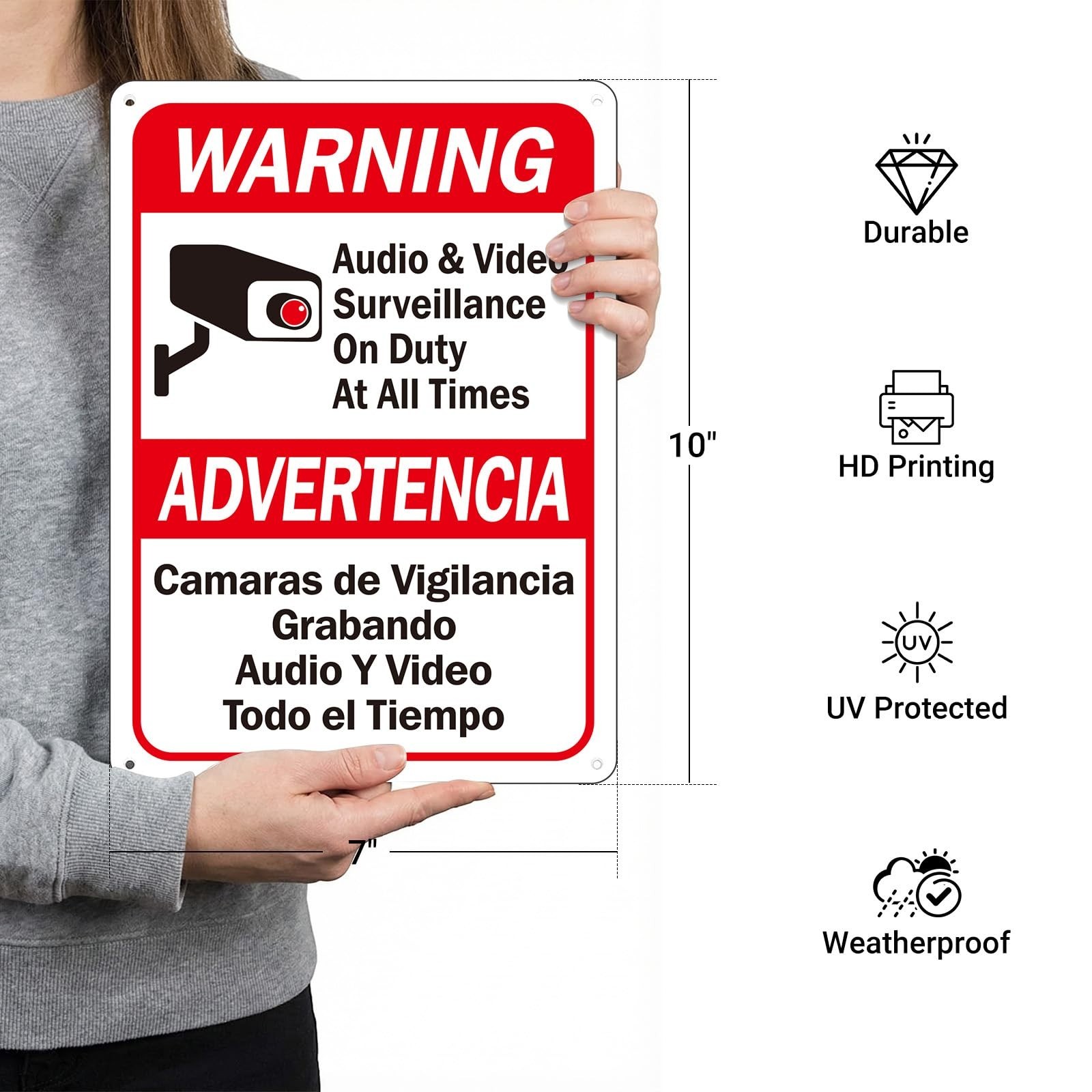 4 Pack Video Surveillance Signs 10×7 inches Bilingual English Spanish Waterproof
