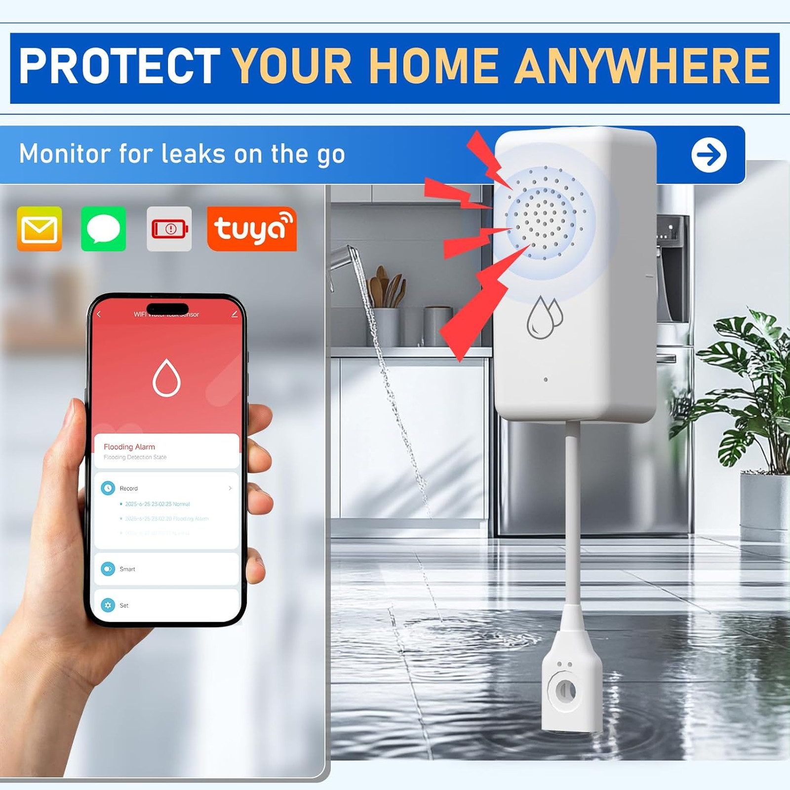 WiFi Water Leak Detector Smart Water Sensor with Cable 85dB Alarm for Home