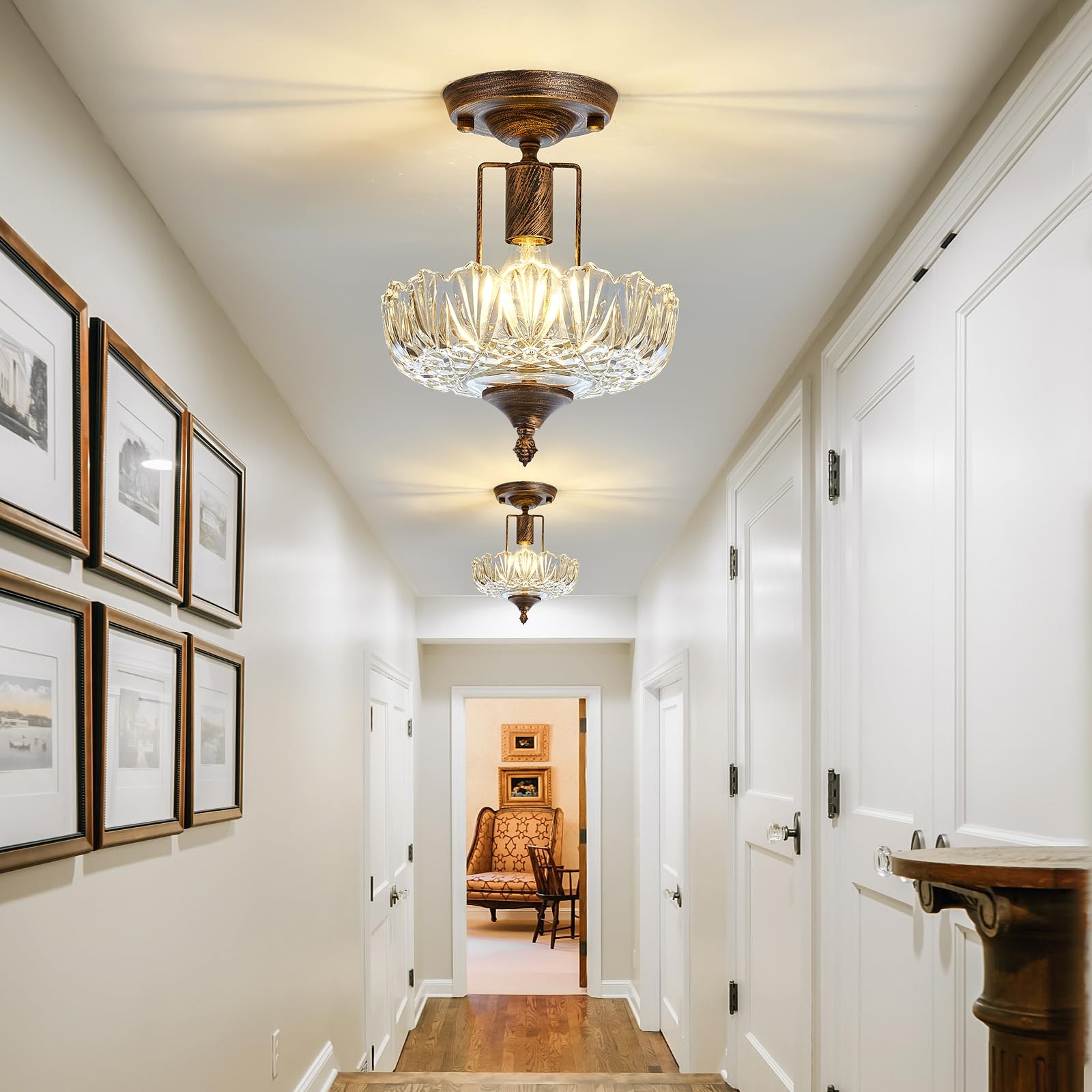 UOFUS Glass Ceiling Light Fixture Vintage Small Semi Flush Mount Bronze
