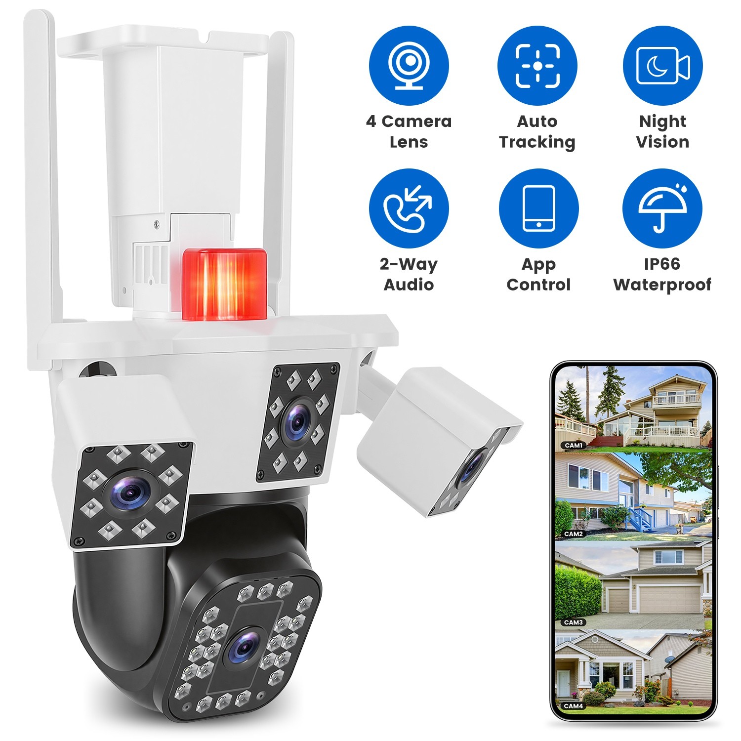 4-Lens Security Camera 360° View WiFi Pan&Tilt Color Night Vision Remote