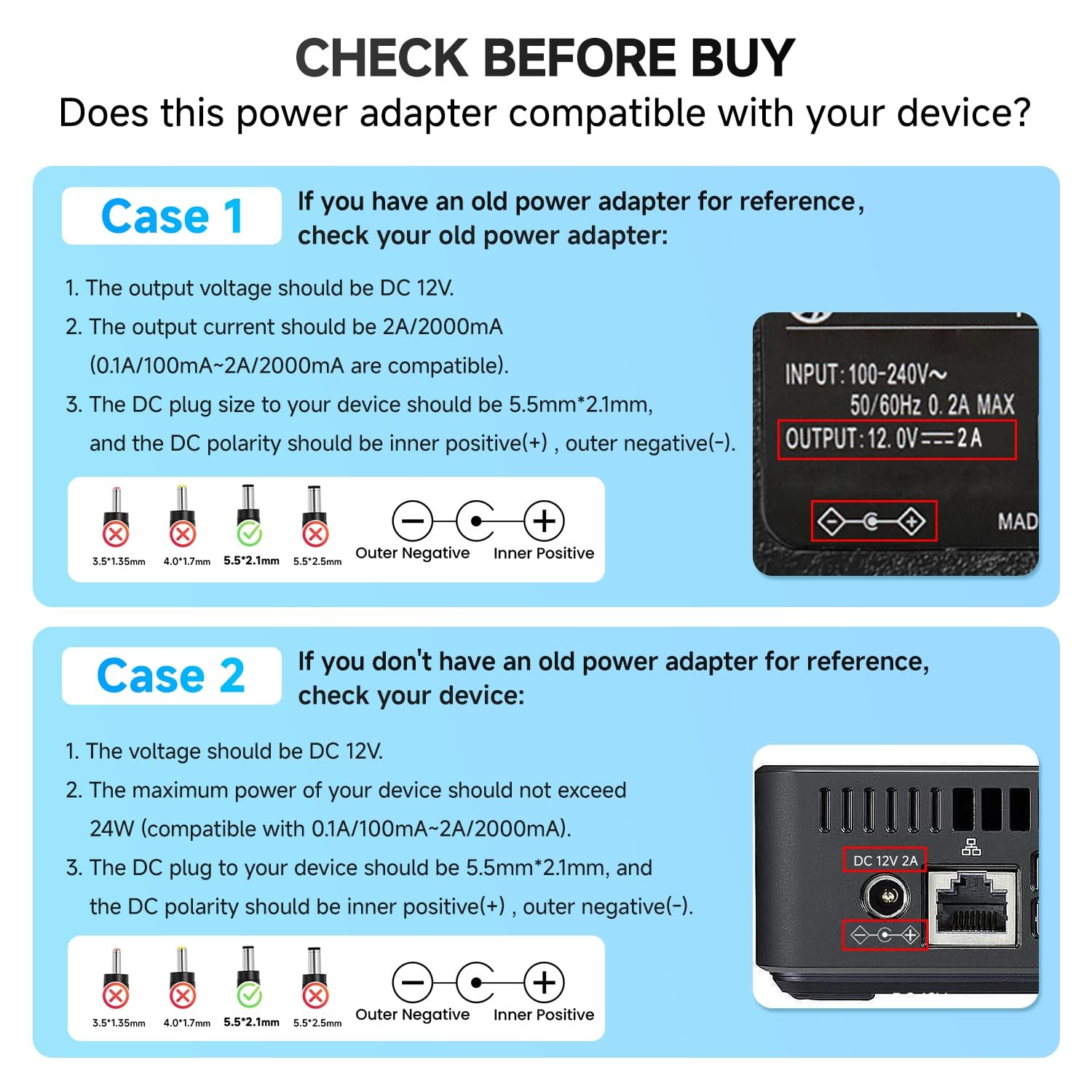 UL Listed 12V 2A Power Supply AC Adapter with 8 Tips, 12 Volts 12V2A+8 Tips