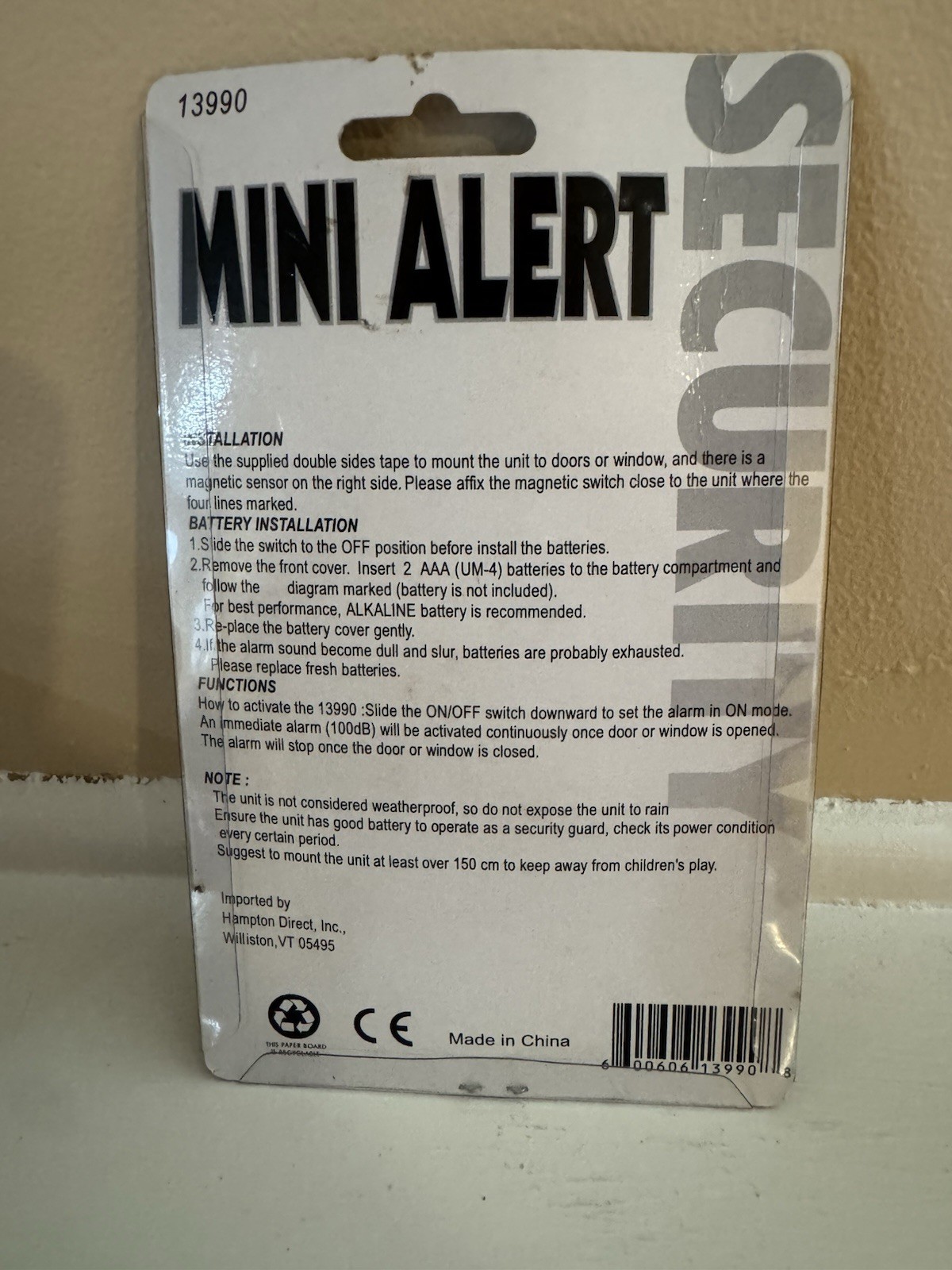 Hampton Direct Mini Alert Door / Window Security Alarm 13990 New Sealed