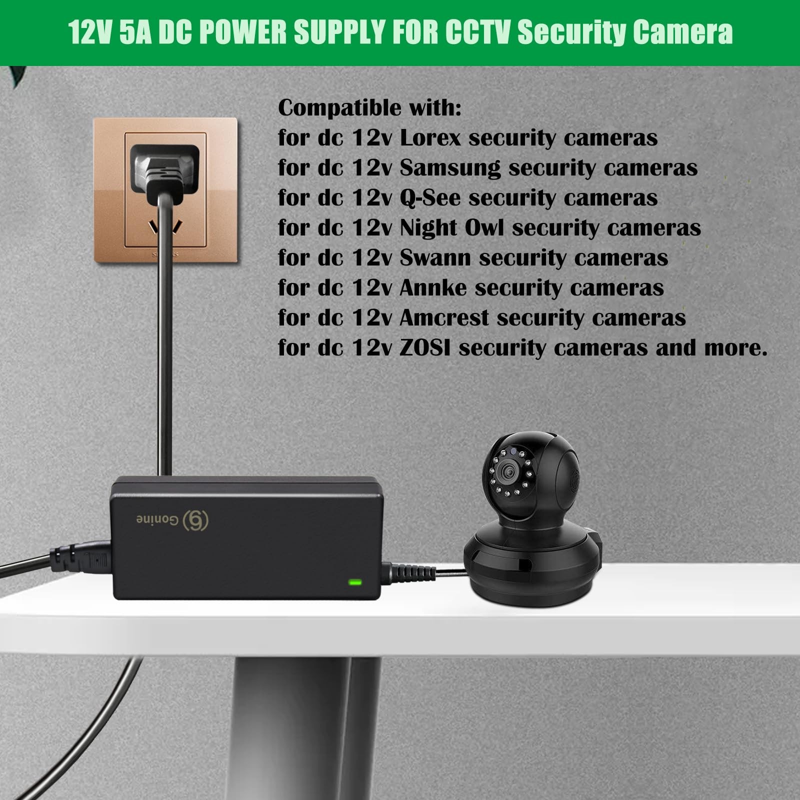 Security Camera AC DC Power Supply Adapter 12V 5A Compatible with 12Volt Lorex