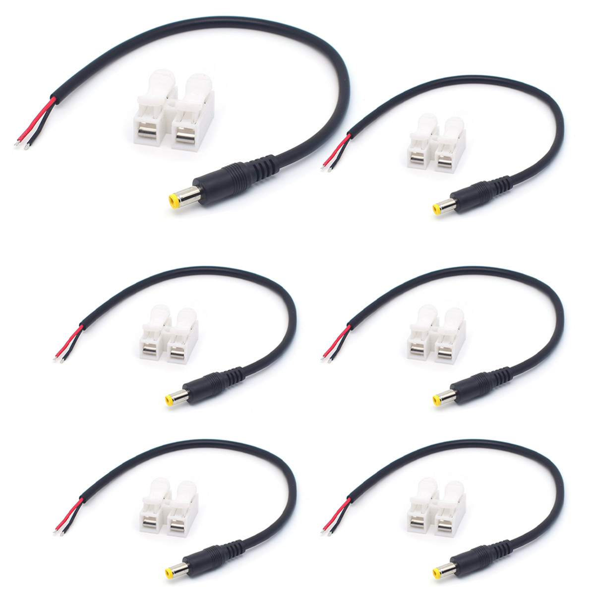 6-Pack 0.3M/1FT 22AWG DC Power 5.5mm x 2.5mm Barrel Male Plug Pigtail Bare Wire