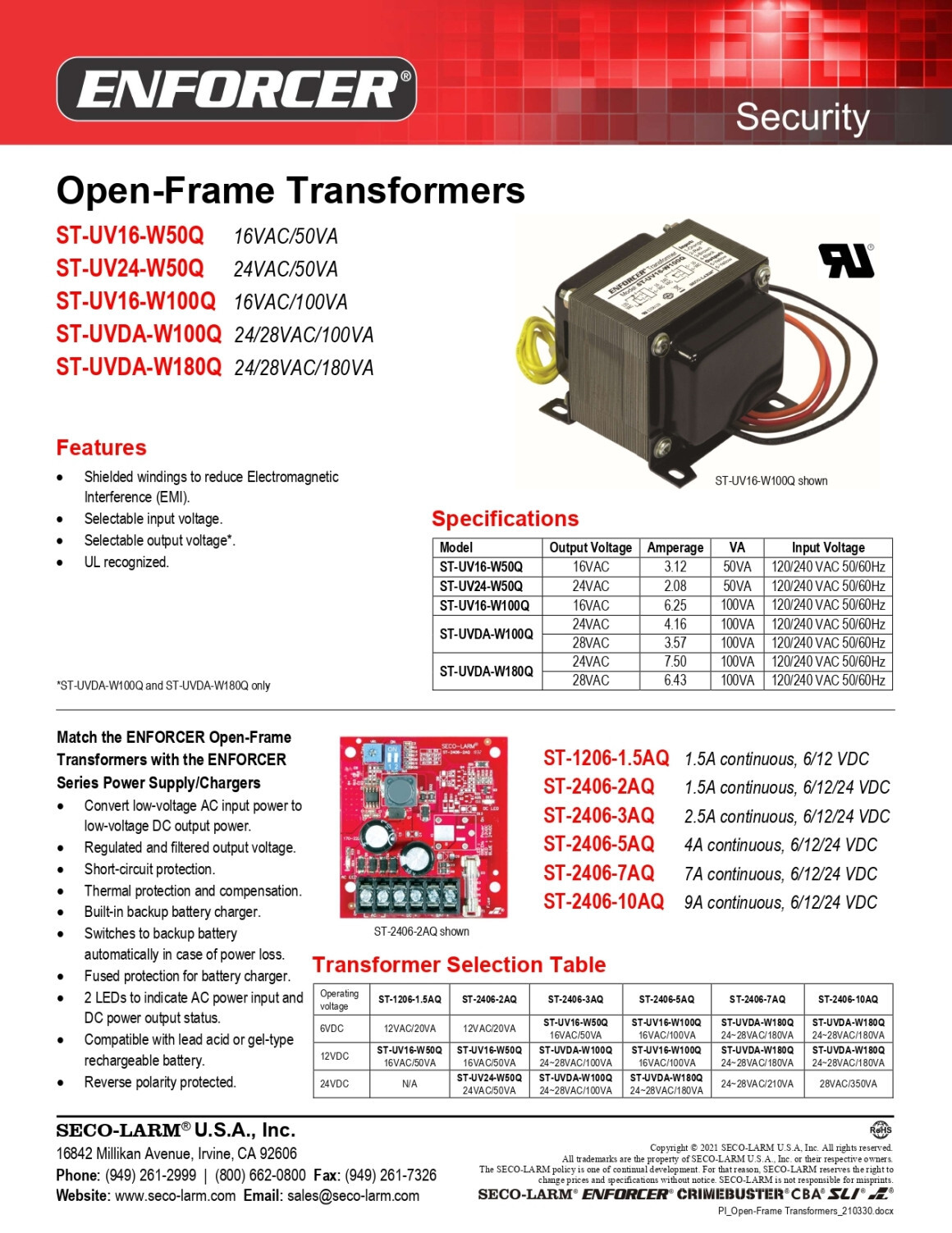 Seco-Larm ST-UVDA-W100Q Open-Frame Transformer – 24-28VAC/100W