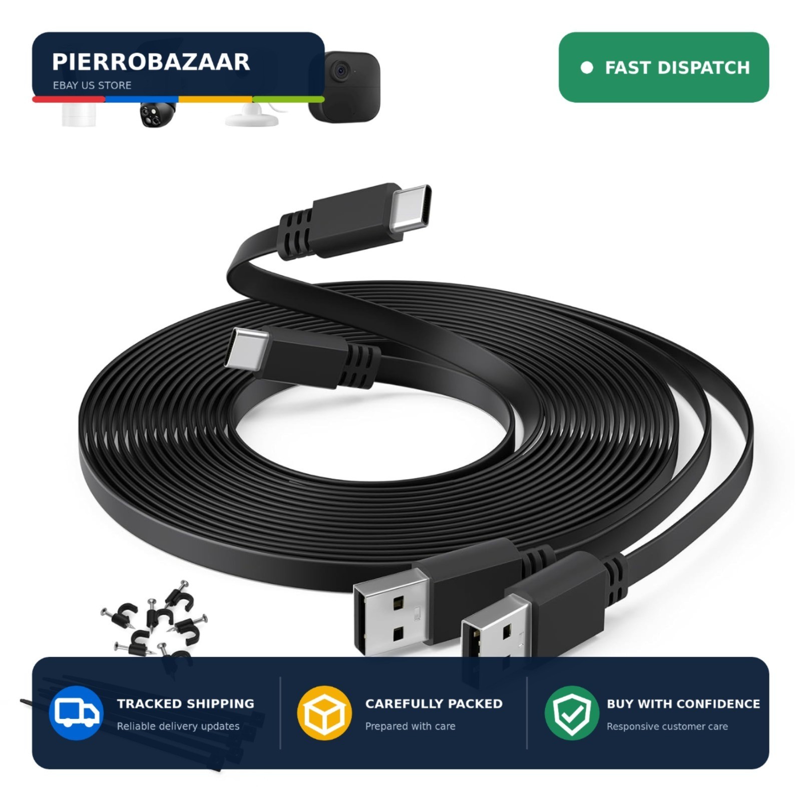 30FT USB A to USB C Security Camera Power Cable – 2 Pack