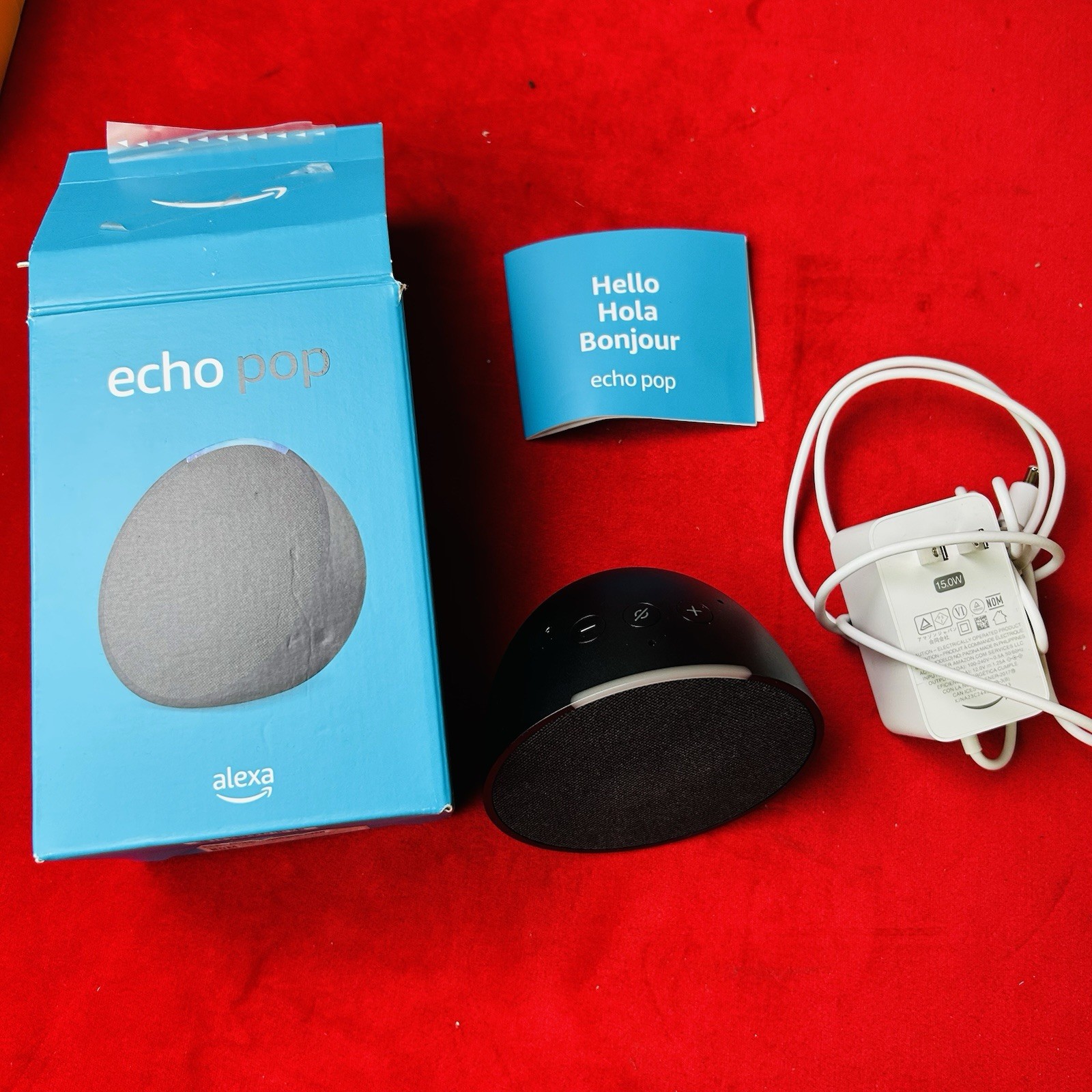 Amazon Echo Pop WiFi/Bluetooth Smart Speaker C2H4R9 Black w White Charger Tested