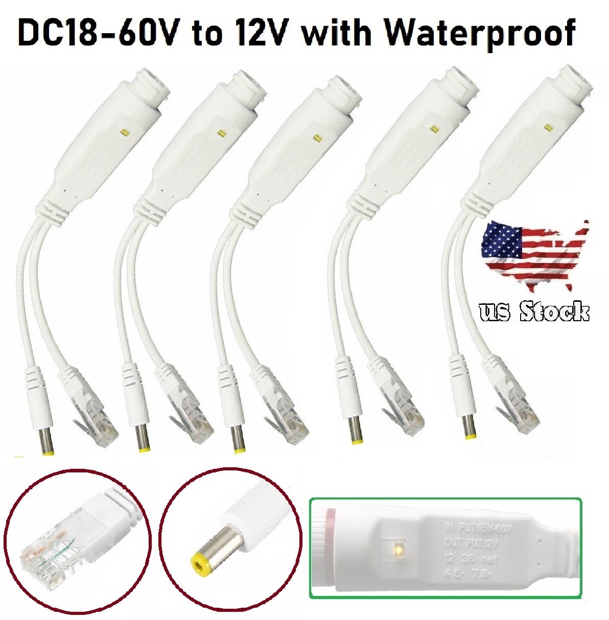 x5 POE Splitter Waterproof Power Over Ethernet Splitter Adapter DC 18-60V to 12V