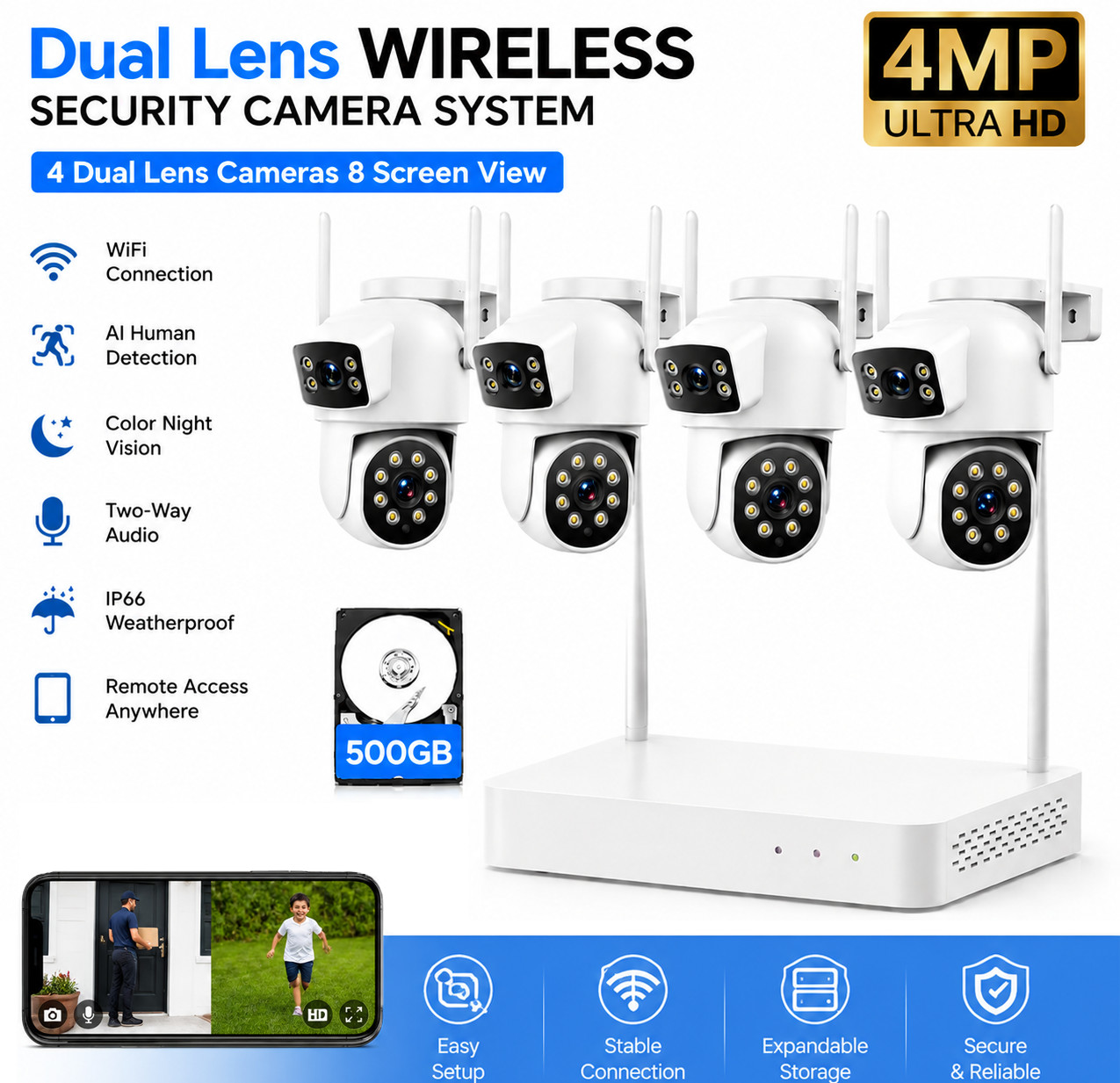 2K Security Camera Outdoor Wireless 2.4G & 5G WiFi Dual Lens CCTV Camera System